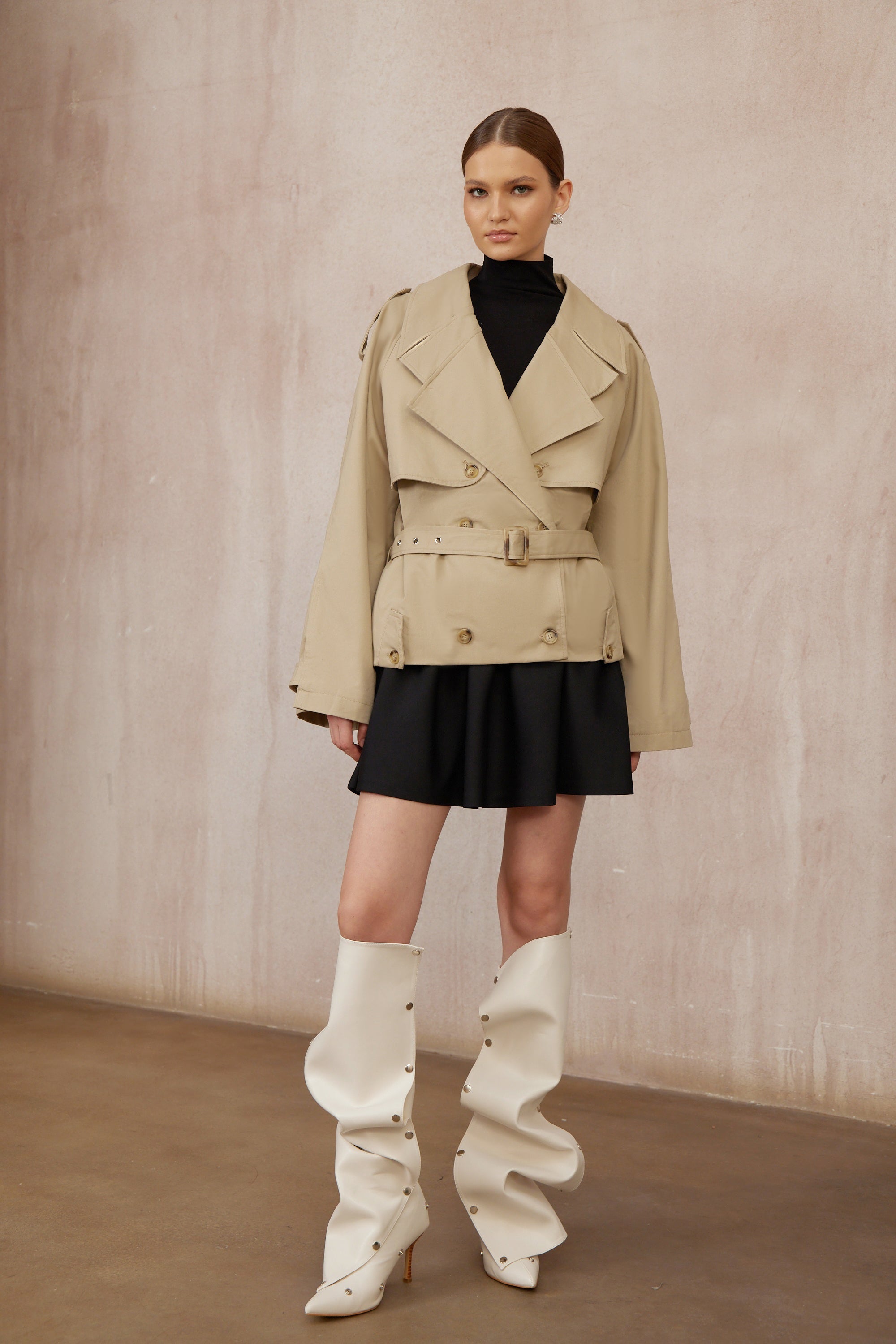 Sandra Khaki Double-Breasted Short Trench Coat
