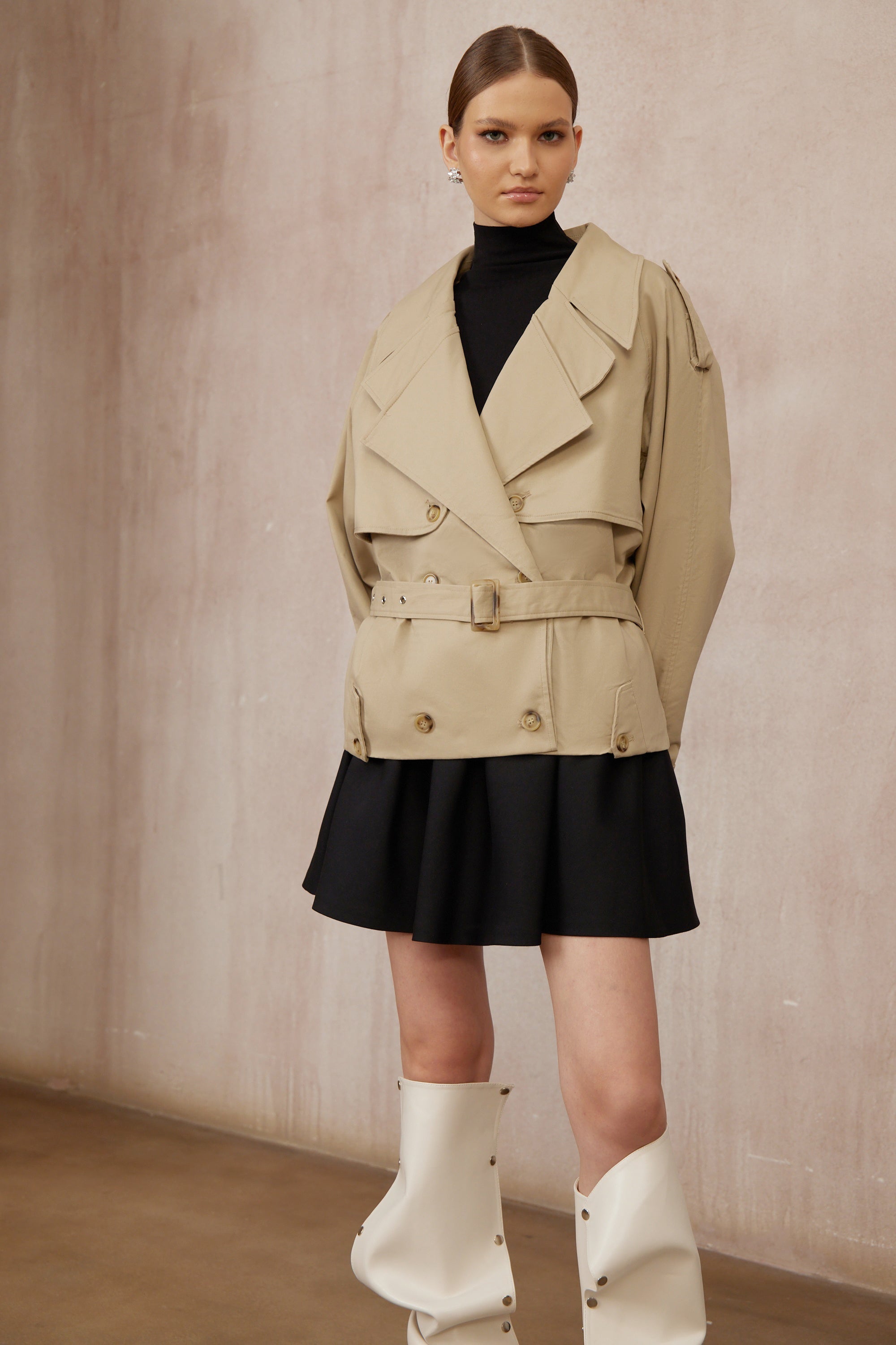 Sandra Khaki Double-Breasted Short Trench Coat