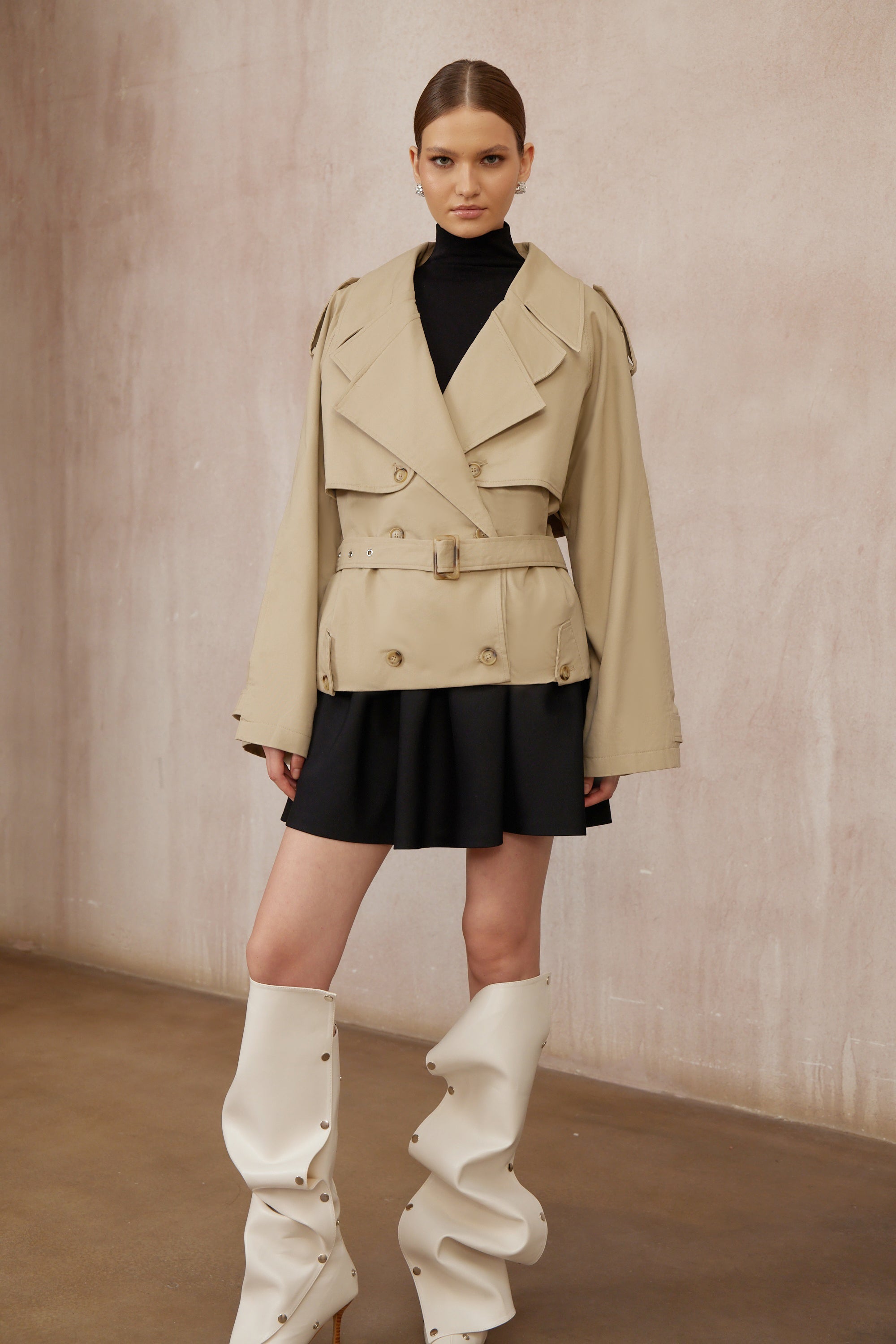 Sandra Khaki Double-Breasted Short Trench Coat