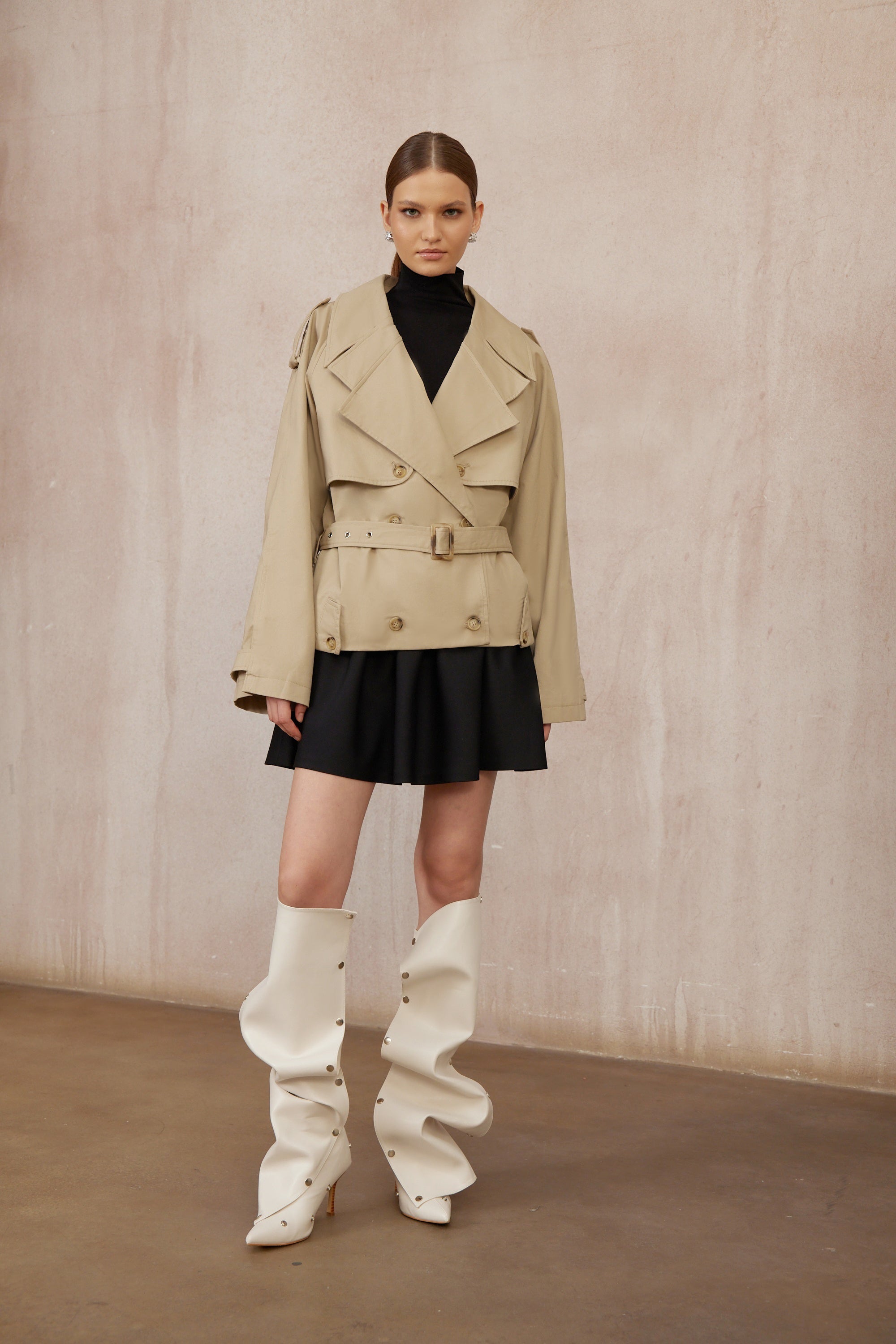 Sandra Khaki Double-Breasted Short Trench Coat