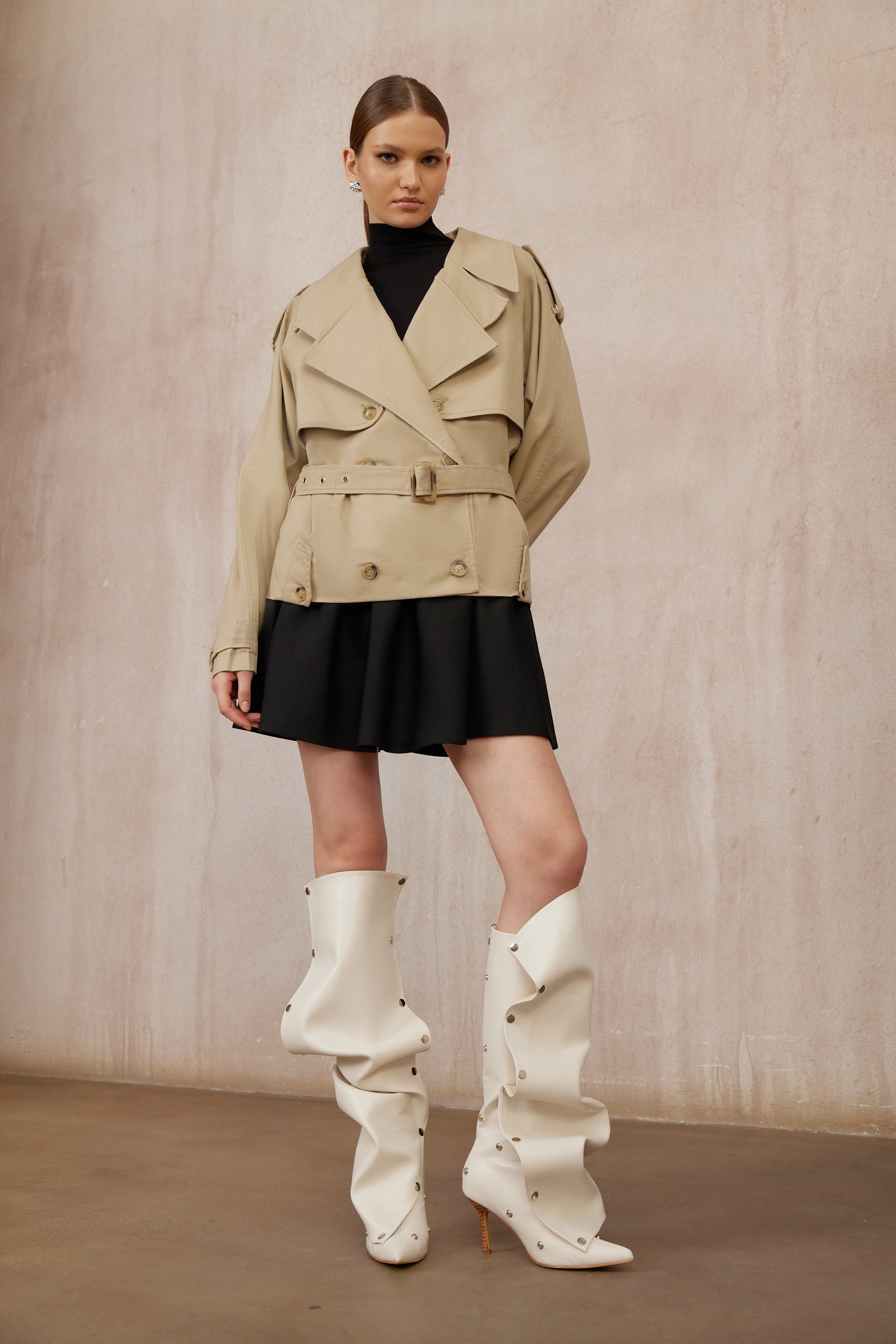 Sandra Khaki Double-Breasted Short Trench Coat