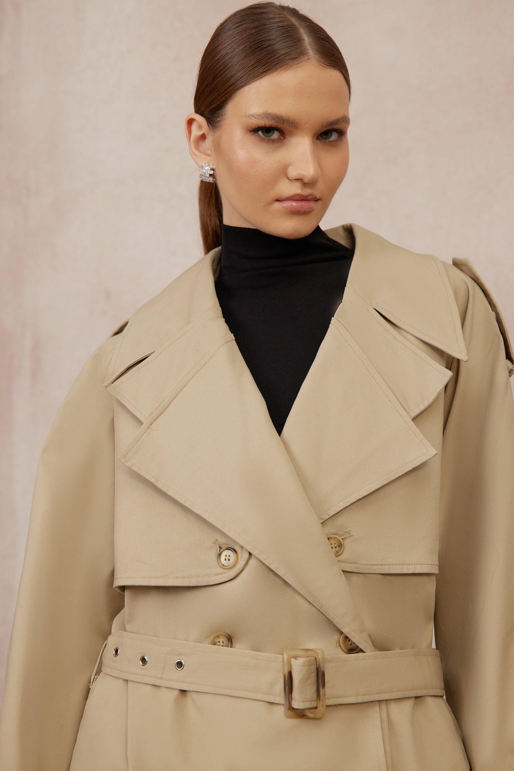 Sandra Khaki Double-Breasted Short Trench Coat