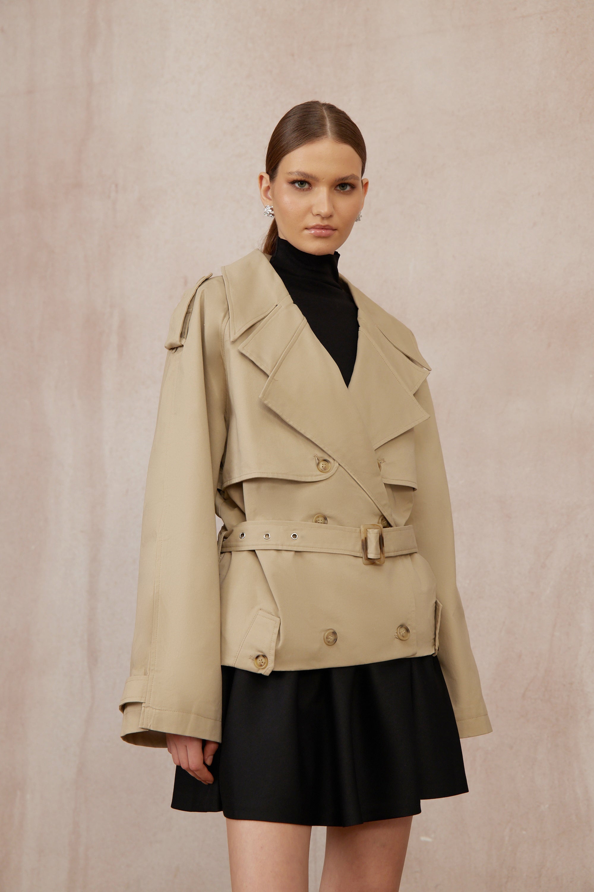 Sandra Khaki Double-Breasted Short Trench Coat