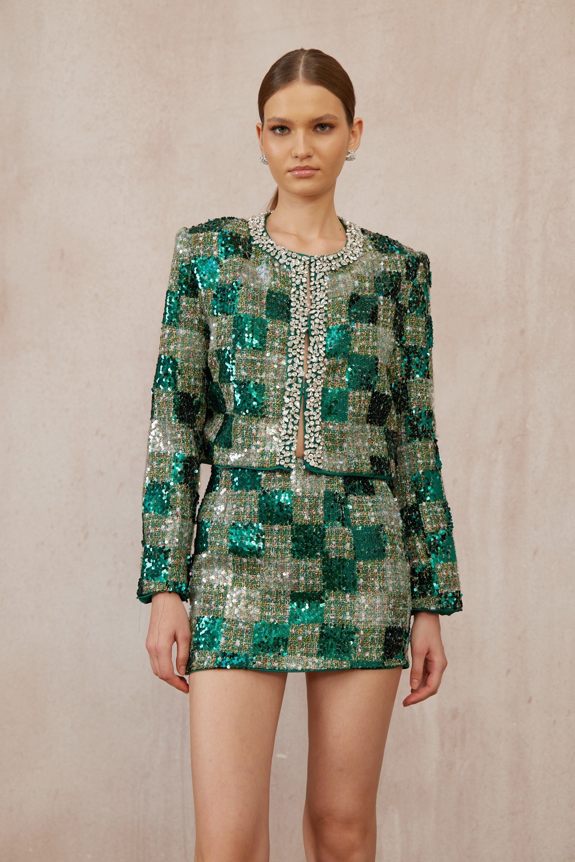 Raphaëlle Green Embellished Checked Tweed Matching Set