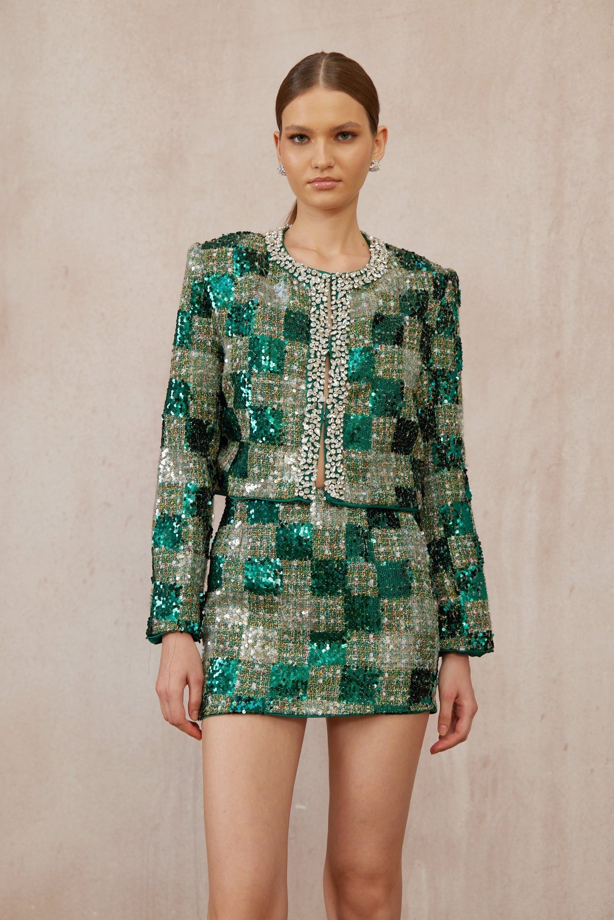 Raphaëlle Green Embellished Checked Tweed Matching Set