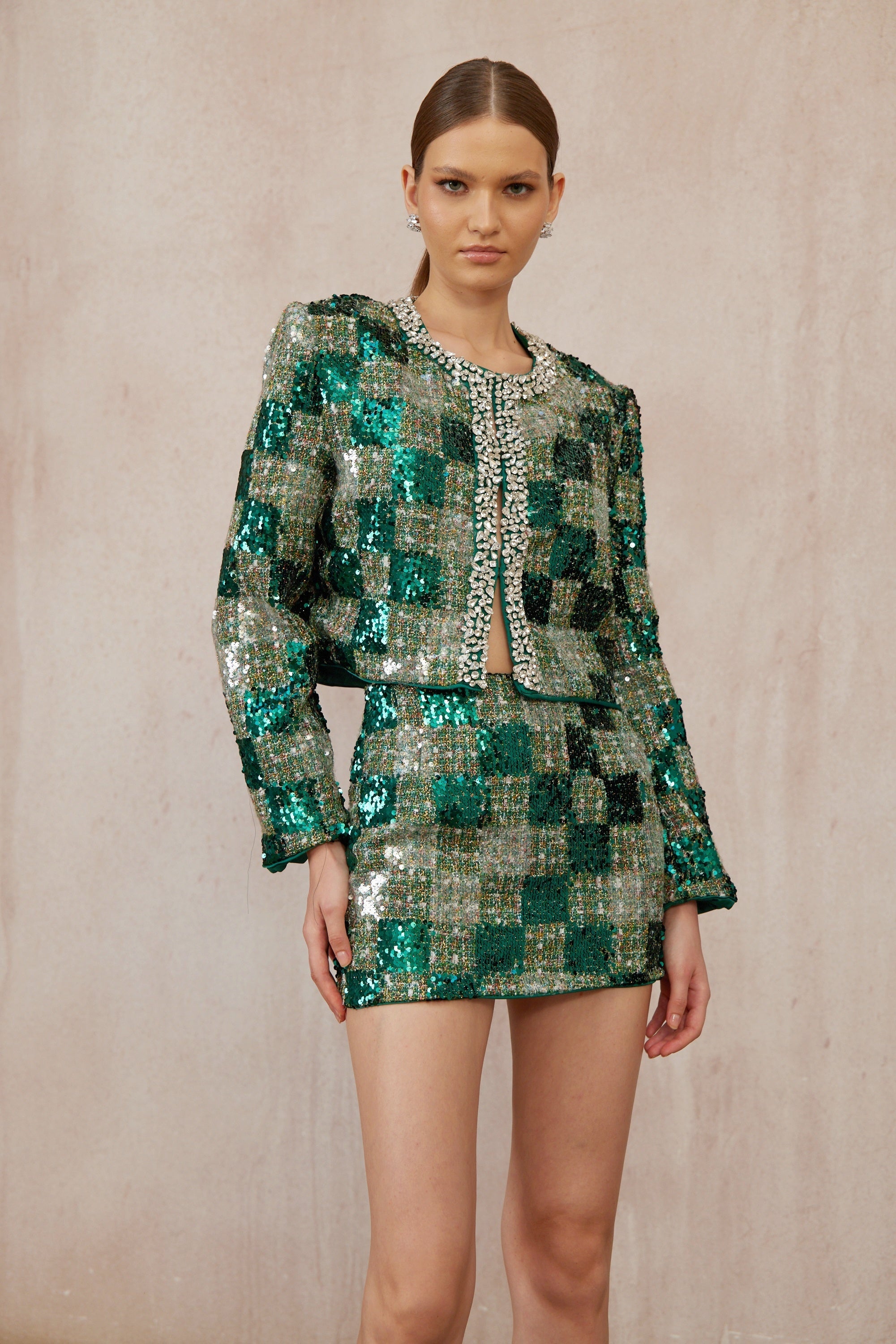 Raphaëlle Green Embellished Checked Tweed Matching Set