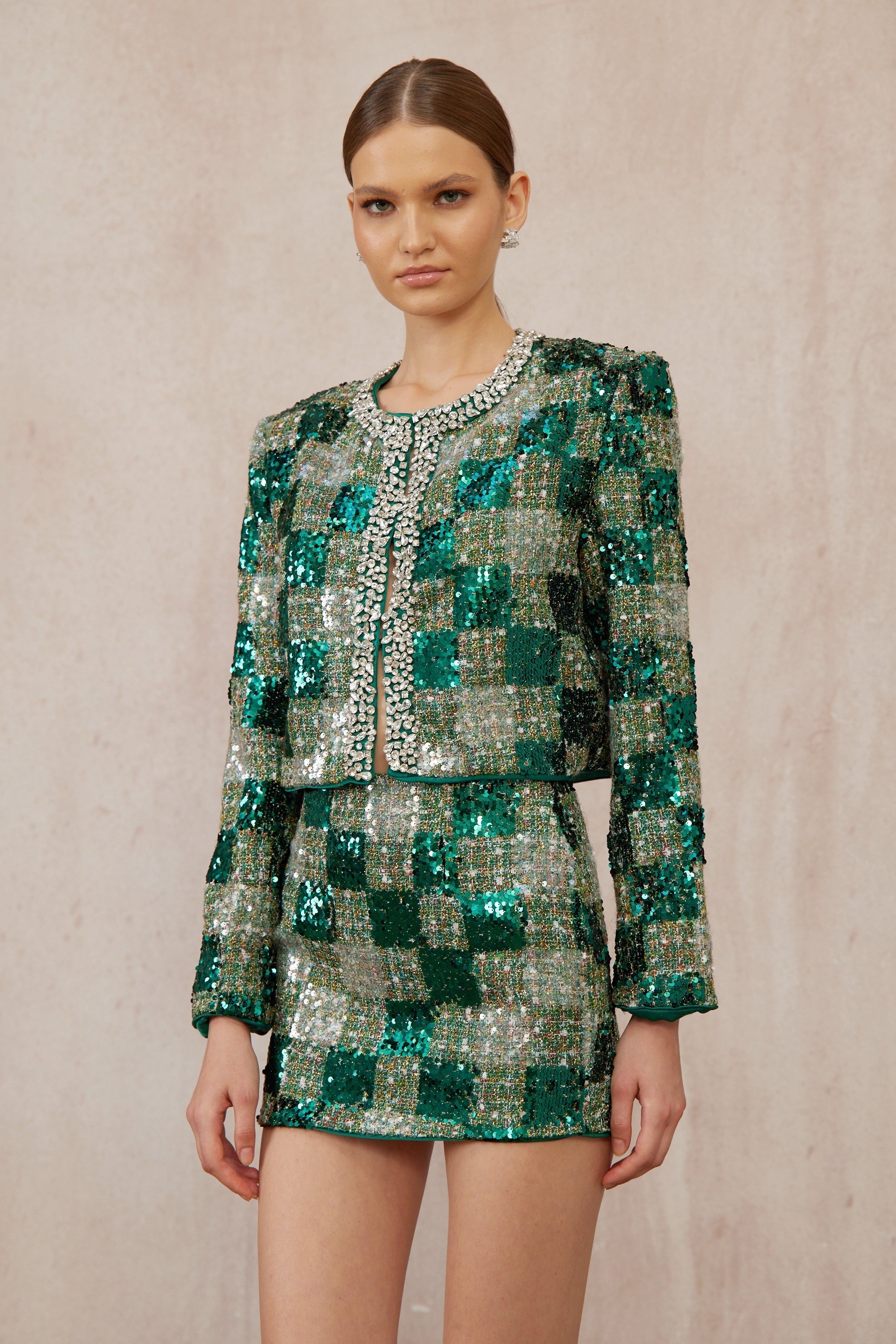 Raphaëlle Green Embellished Checked Tweed Matching Set