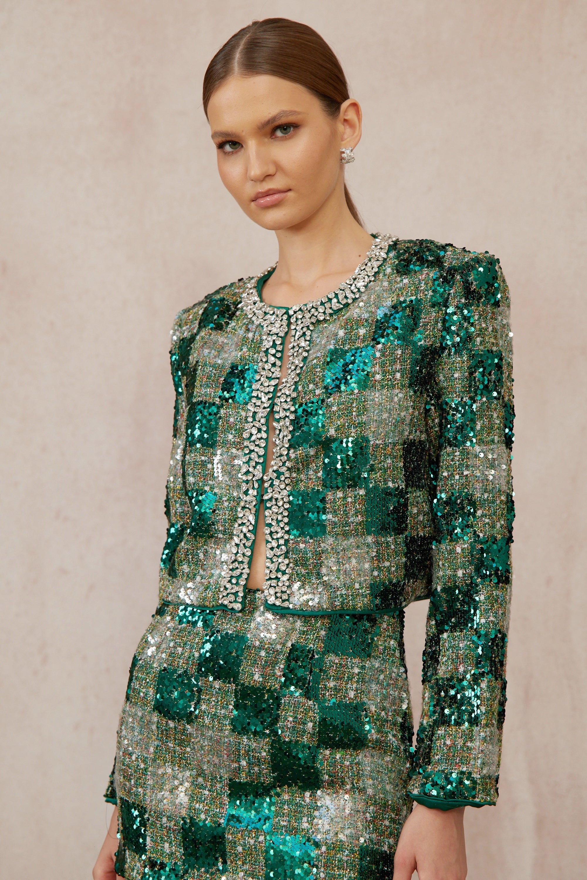 Raphaëlle Green Embellished Checked Tweed Matching Set