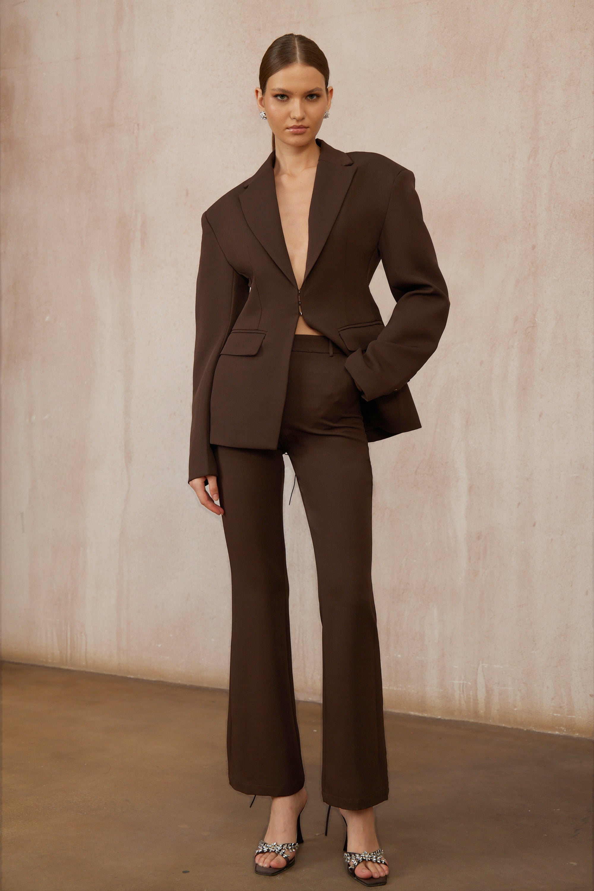 Prunille Brown Lace-Up Blazer & Trousers Set - deep brown