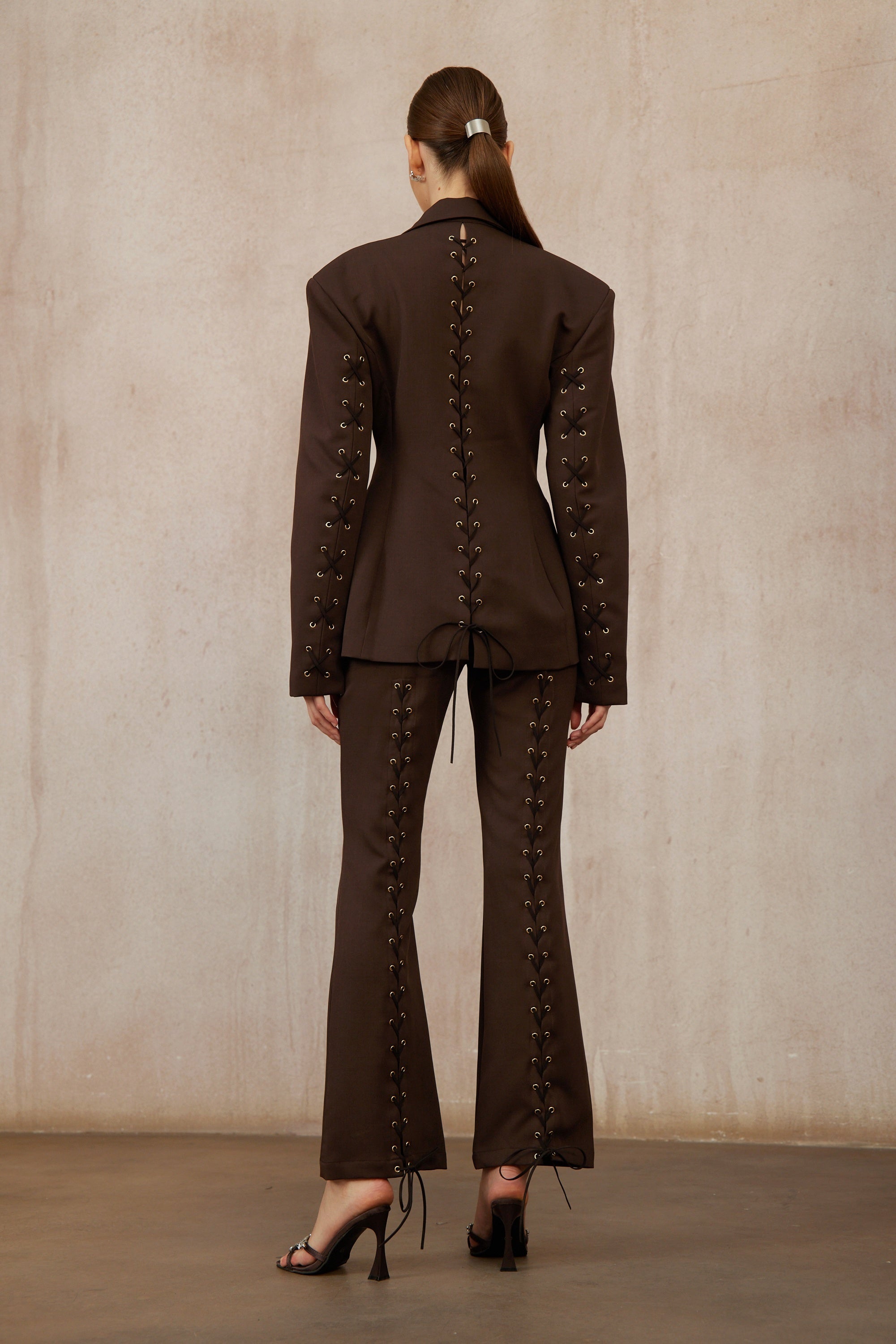 Prunille Brown Lace-Up Blazer & Trousers Set - deep brown