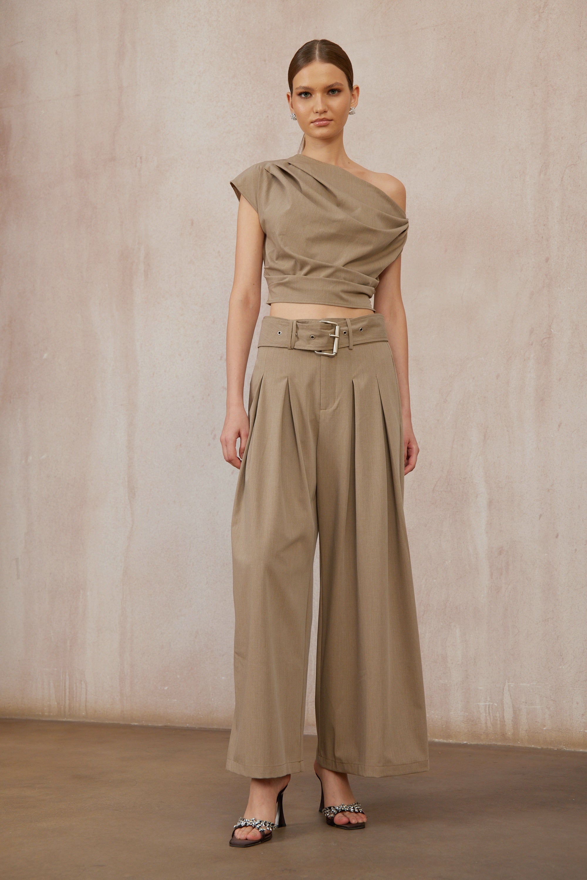 Frannie Khaki One Shoulder Top & Belted Trousers Set