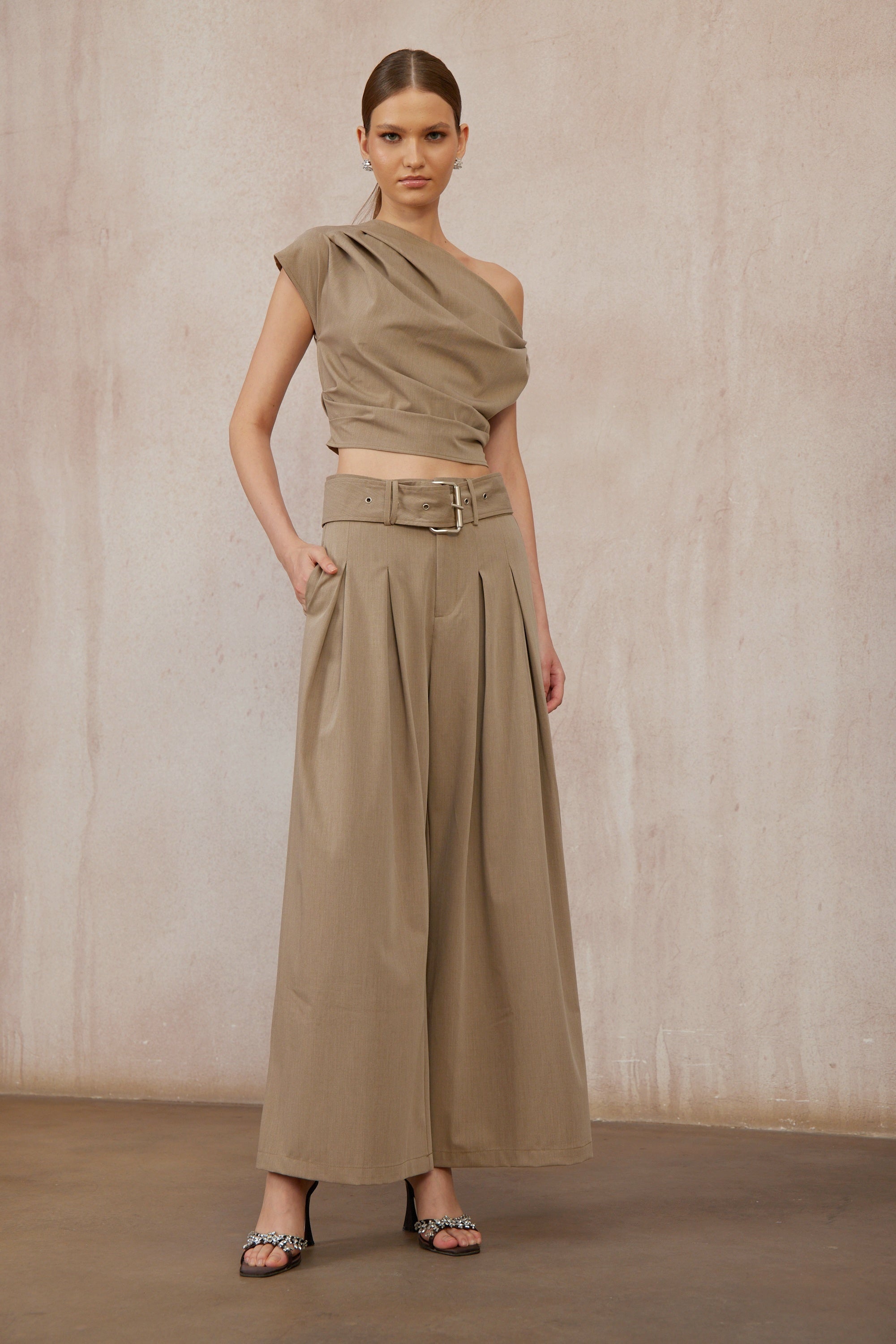 Frannie Khaki One Shoulder Top & Belted Trousers Set