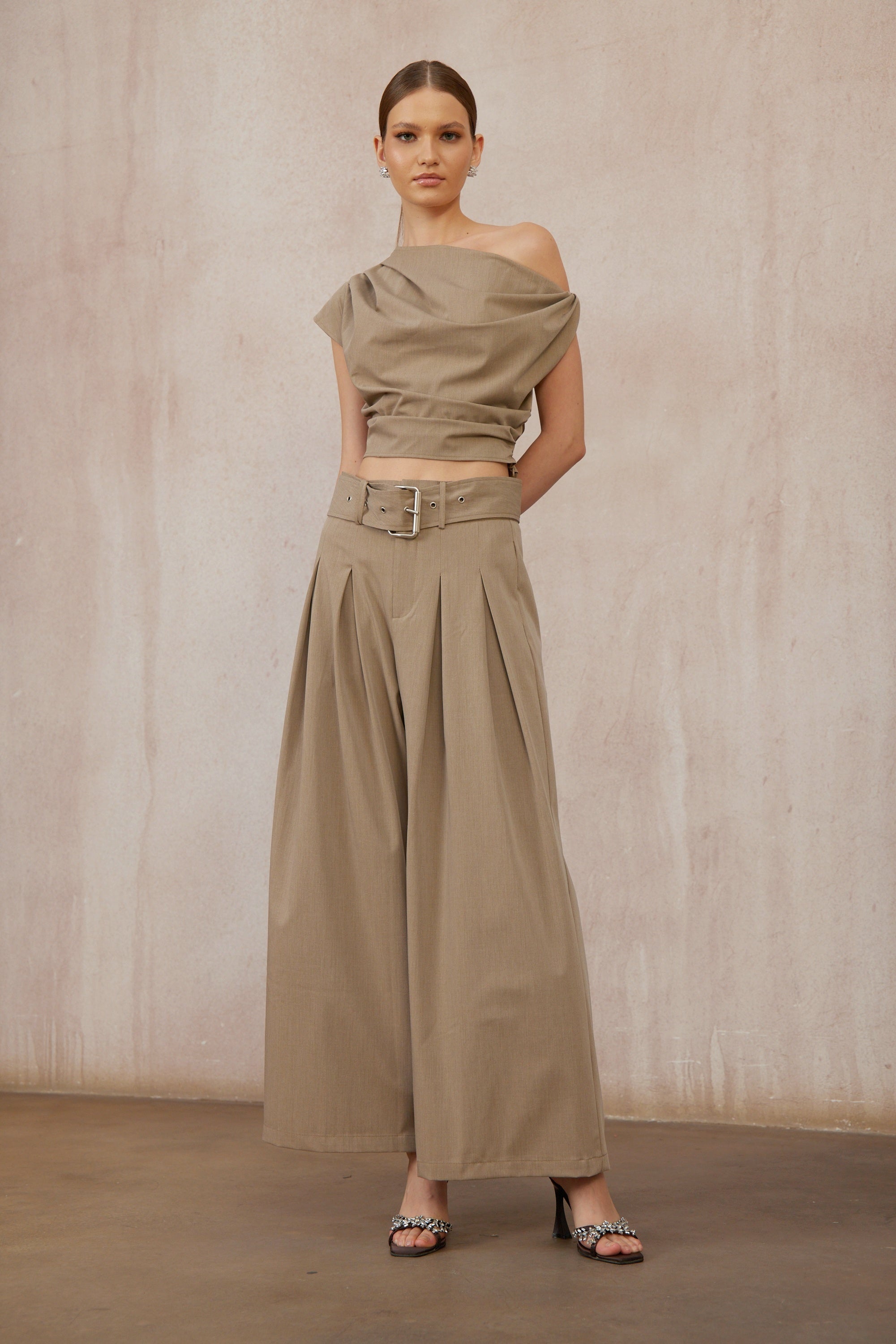 Frannie Khaki One Shoulder Top & Belted Trousers Set