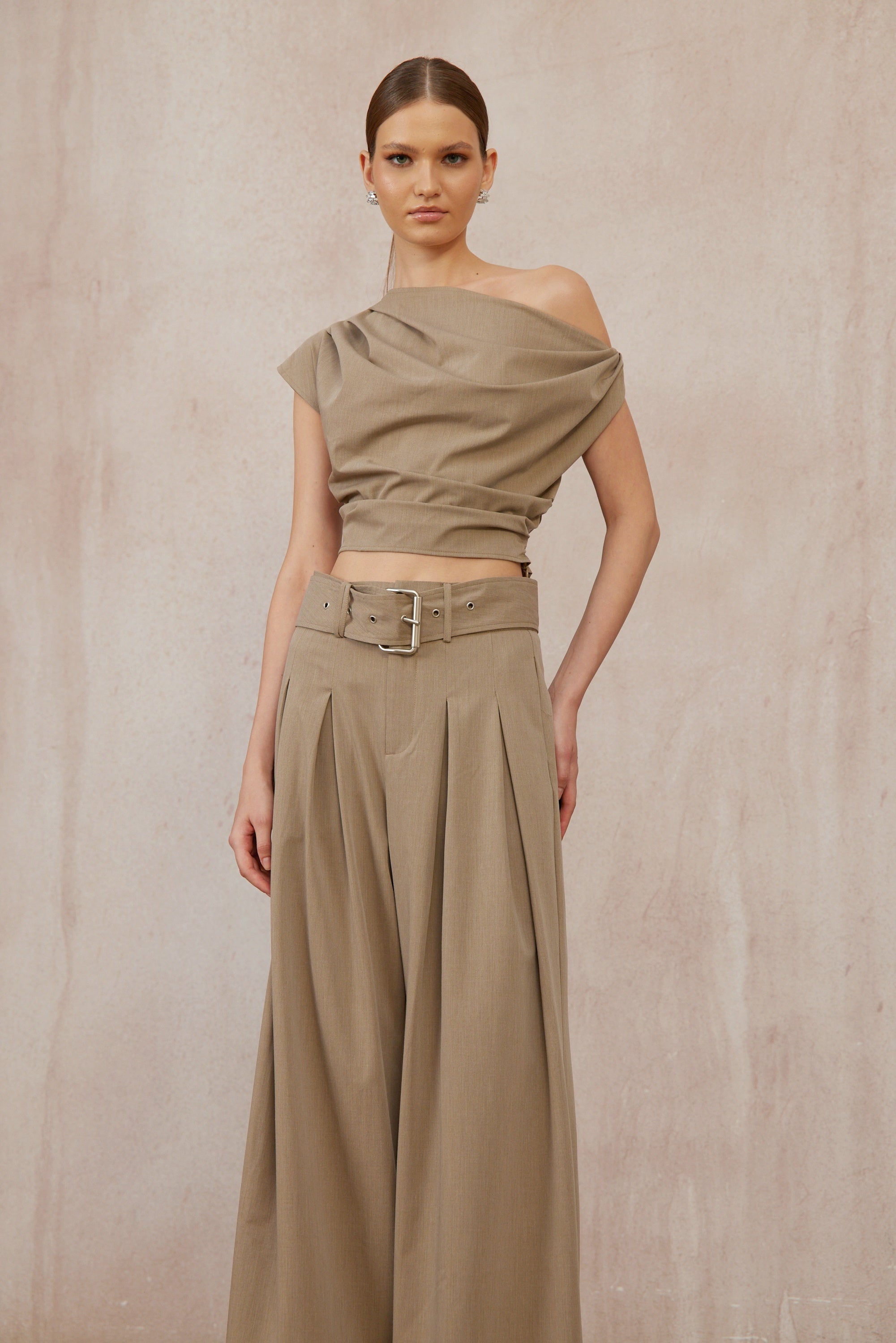 Frannie Khaki One Shoulder Top & Belted Trousers Set