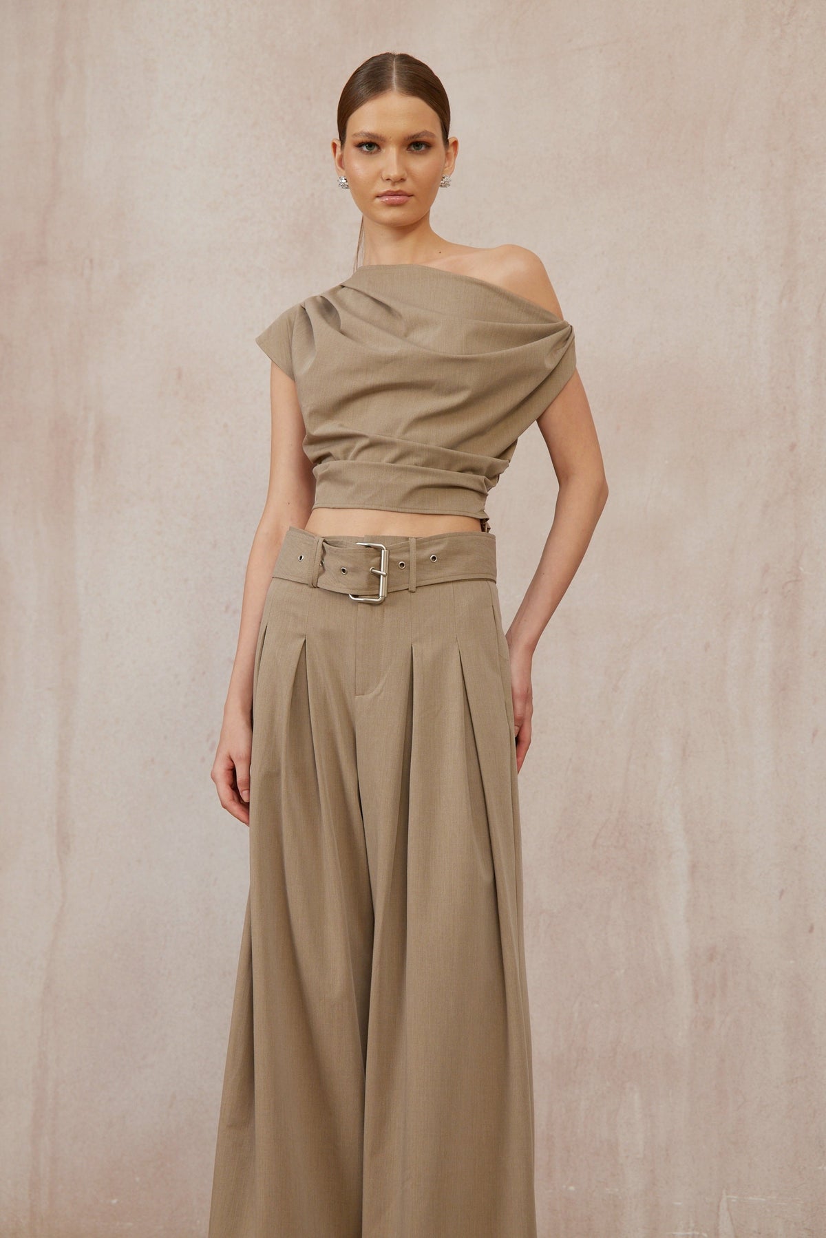 Frannie Khaki One Shoulder Top & Belted Trousers Set