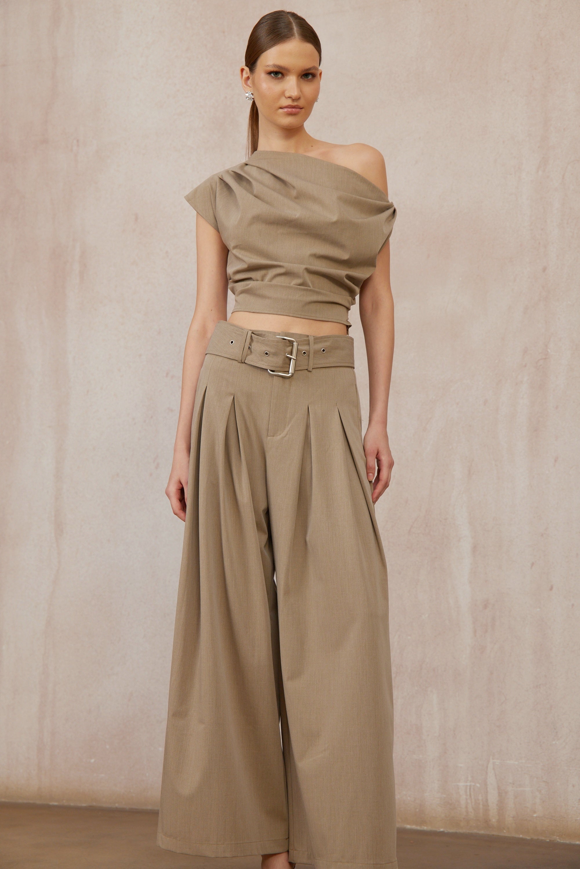 Frannie Khaki One Shoulder Top & Belted Trousers Set