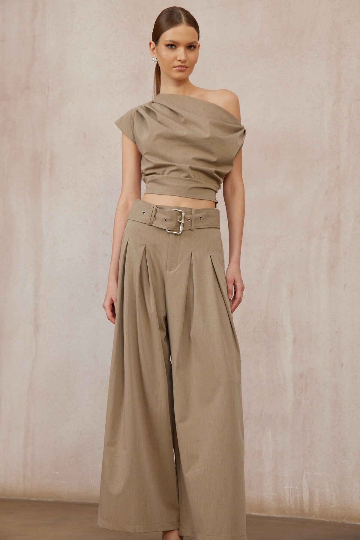 Frannie Khaki One Shoulder Top & Belted Trousers Set