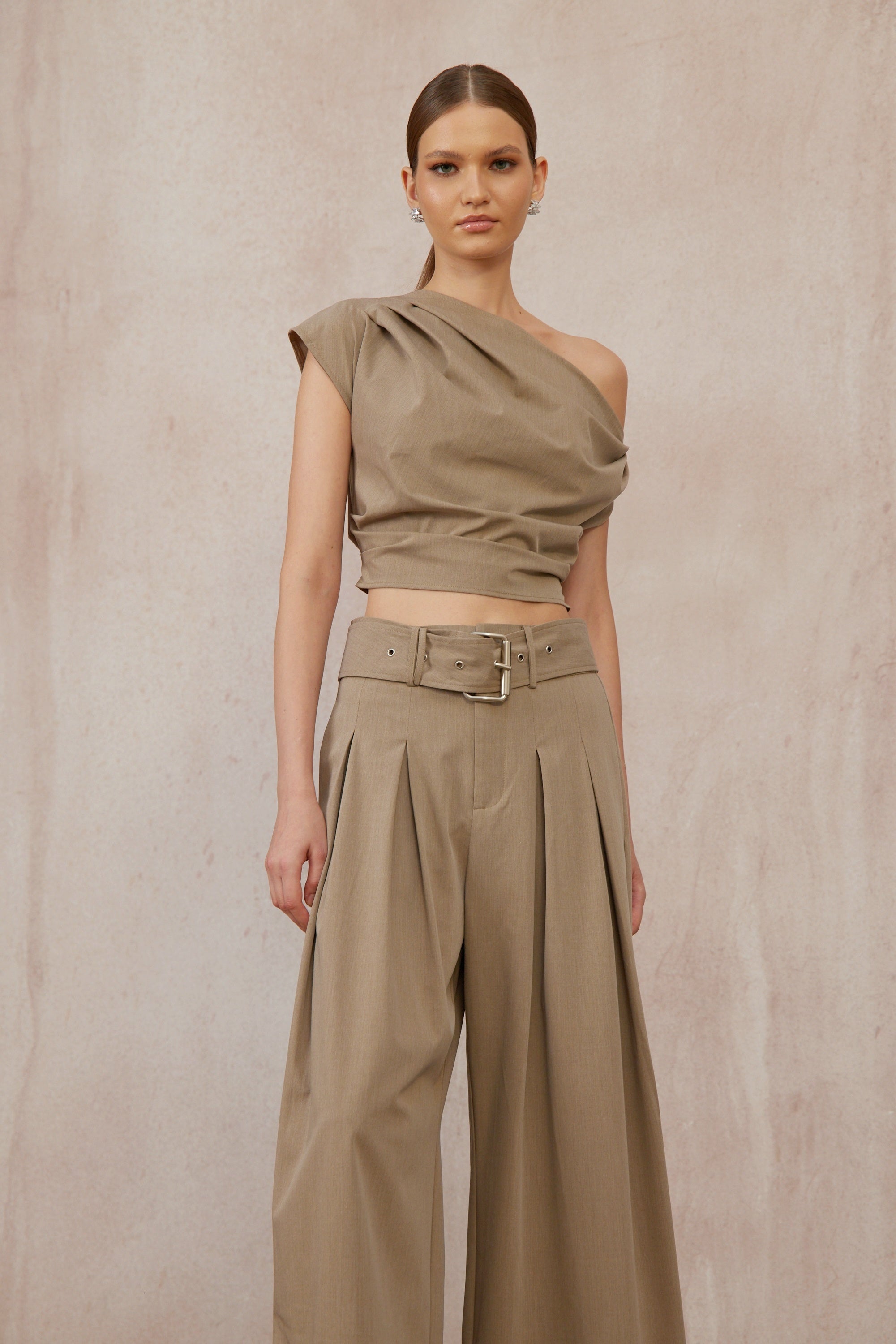 Frannie Khaki One Shoulder Top & Belted Trousers Set