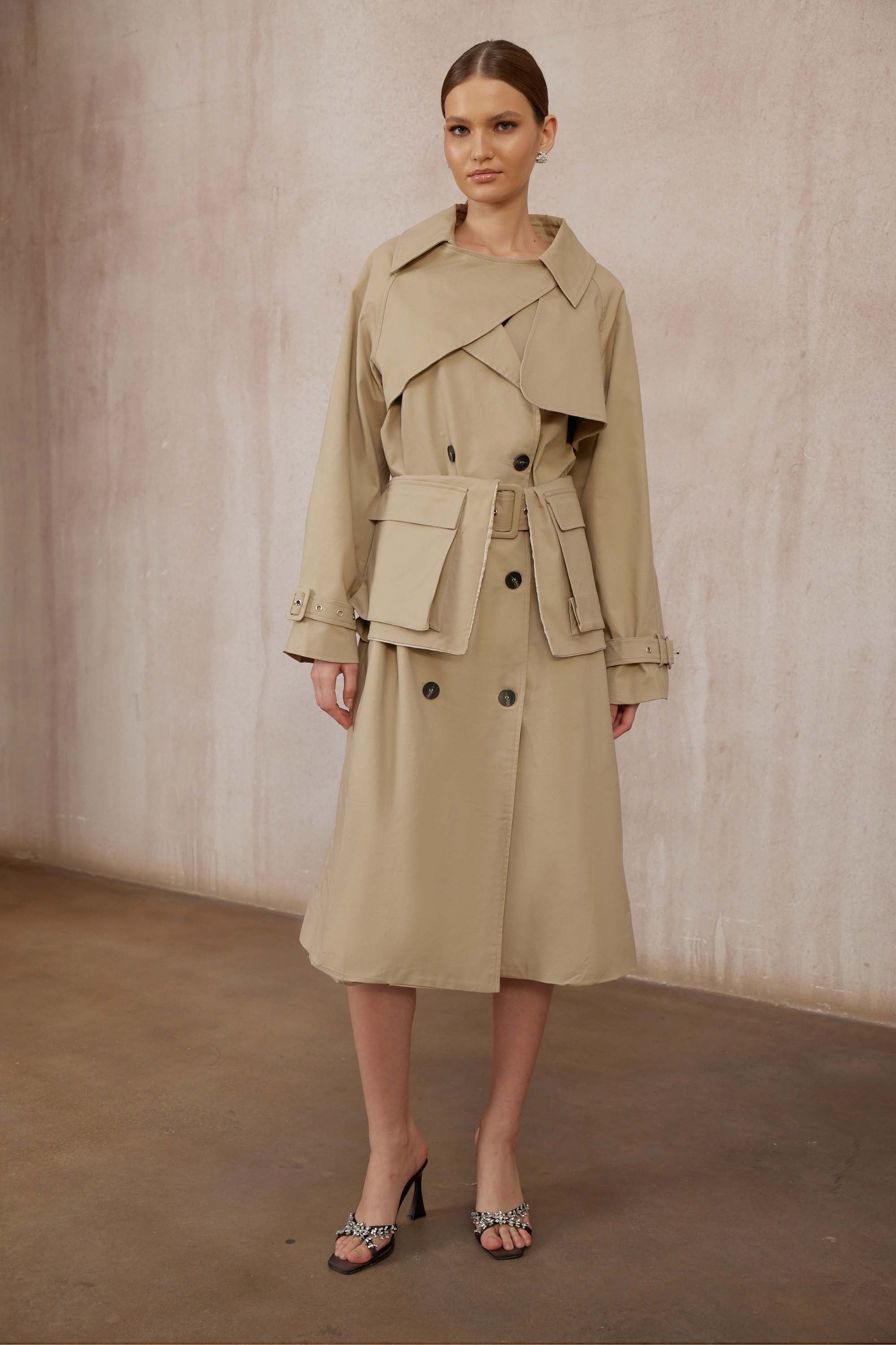 Raquel Khaki Asymmetrical Long Trench Coat