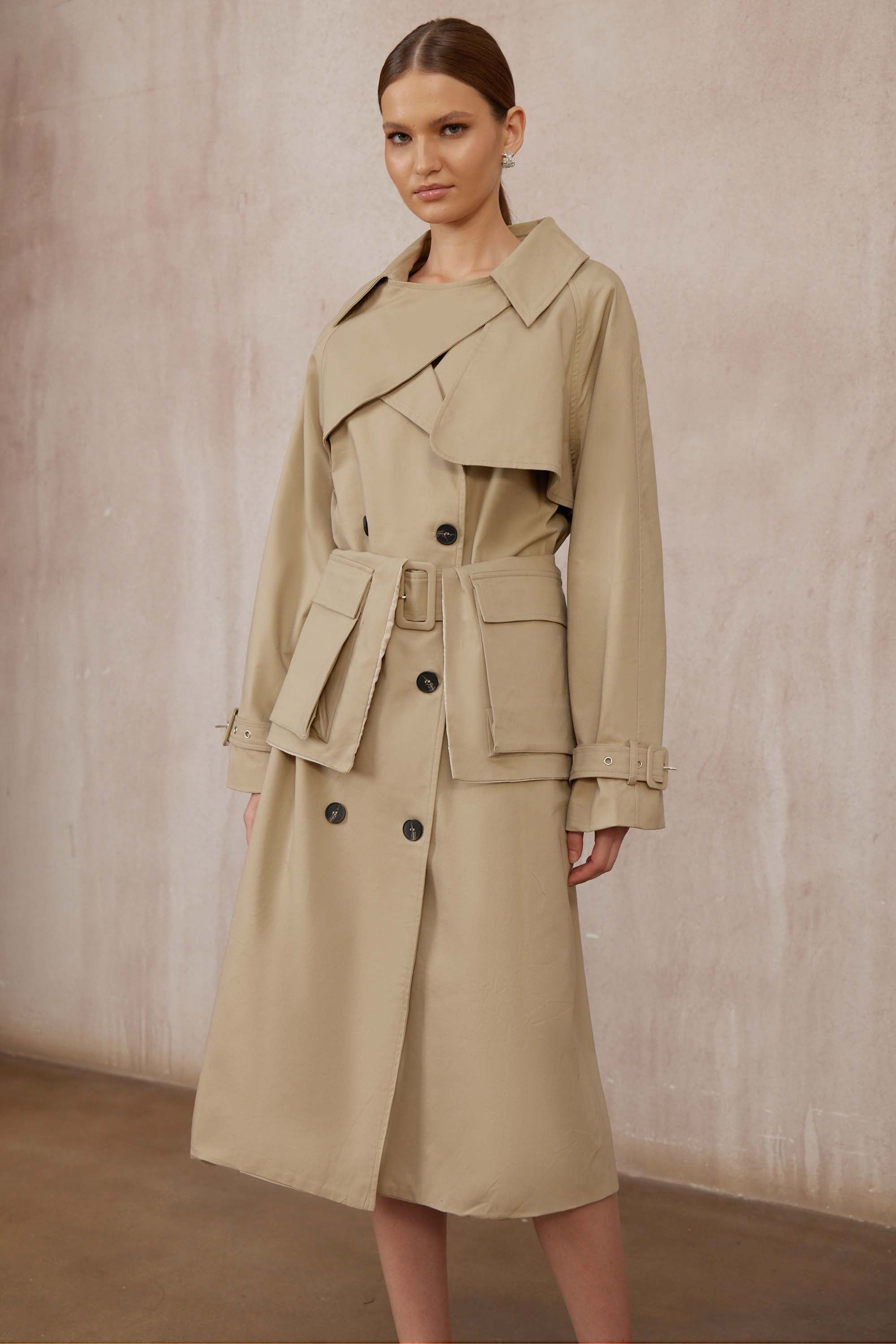 Raquel Khaki Asymmetrical Long Trench Coat