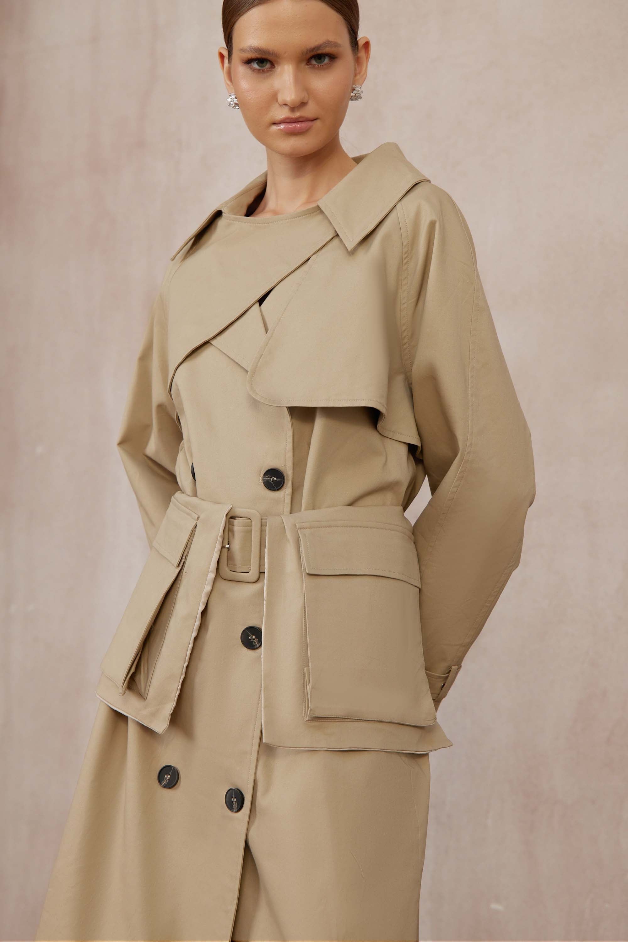 Raquel Khaki Asymmetrical Long Trench Coat