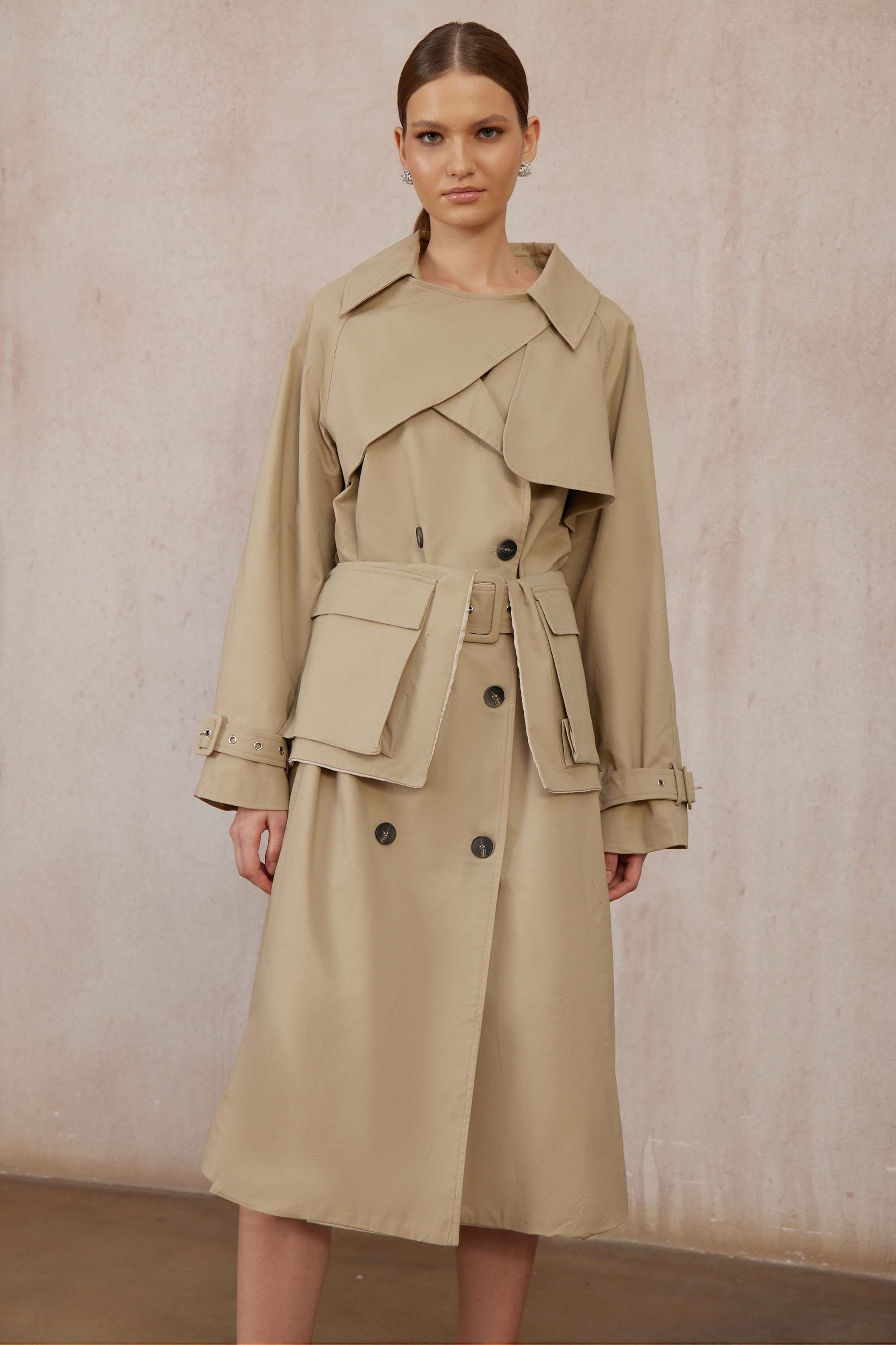 Raquel Khaki Asymmetrical Long Trench Coat