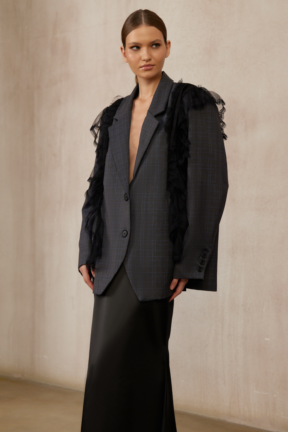 Rebecca Grey Lace Panel Plaid Blazer