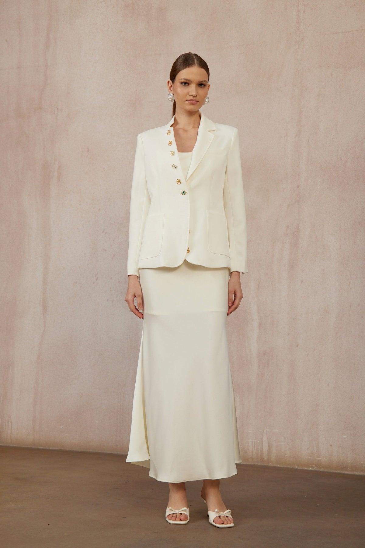 Rosalie White Asymmetrical Decorative Button Blazer