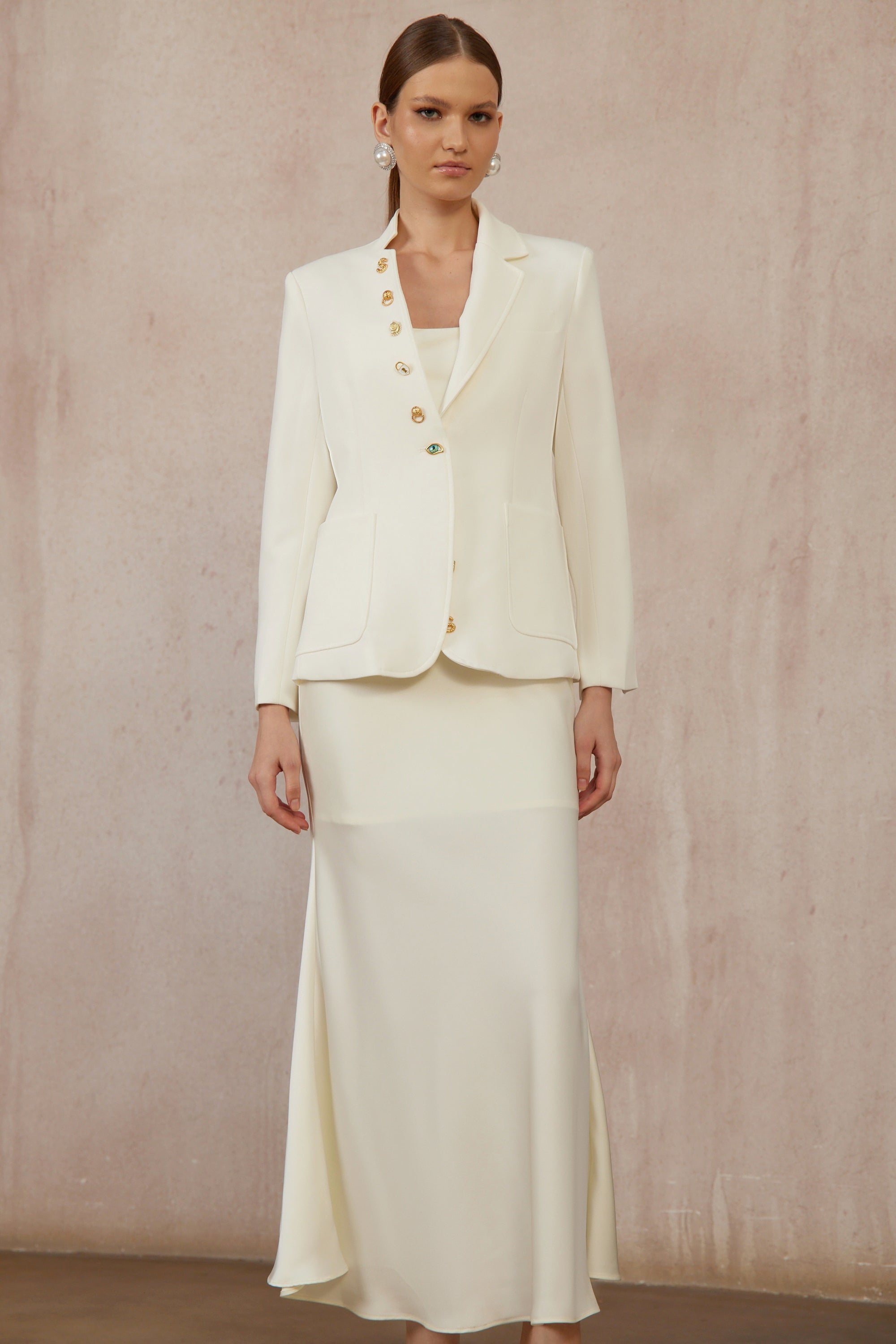 Rosalie White Asymmetrical Decorative Button Blazer