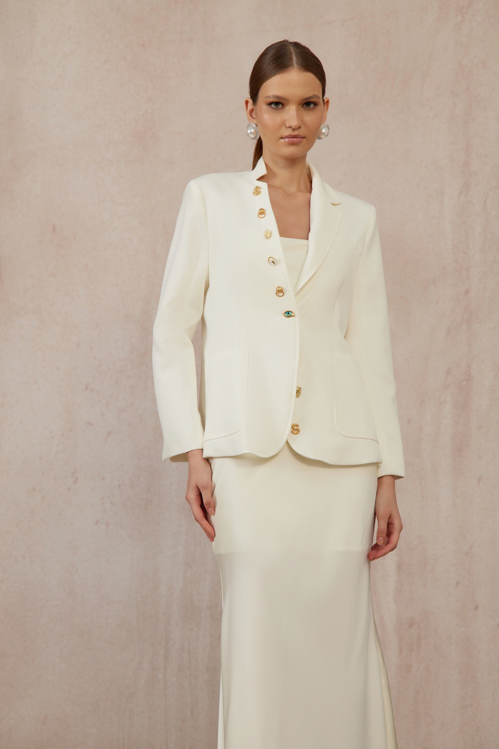 Rosalie White Asymmetrical Decorative Button Blazer