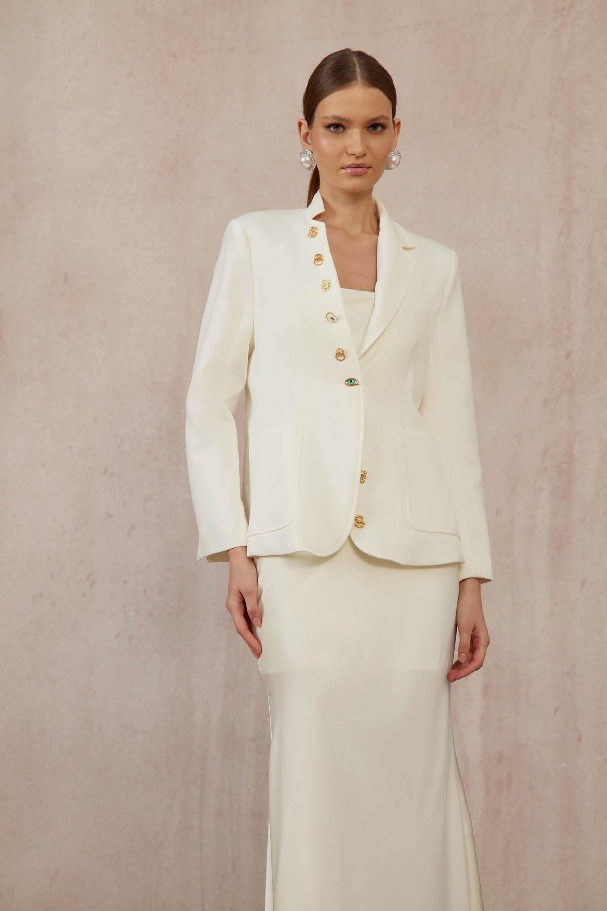 Rosalie White Asymmetrical Decorative Button Blazer