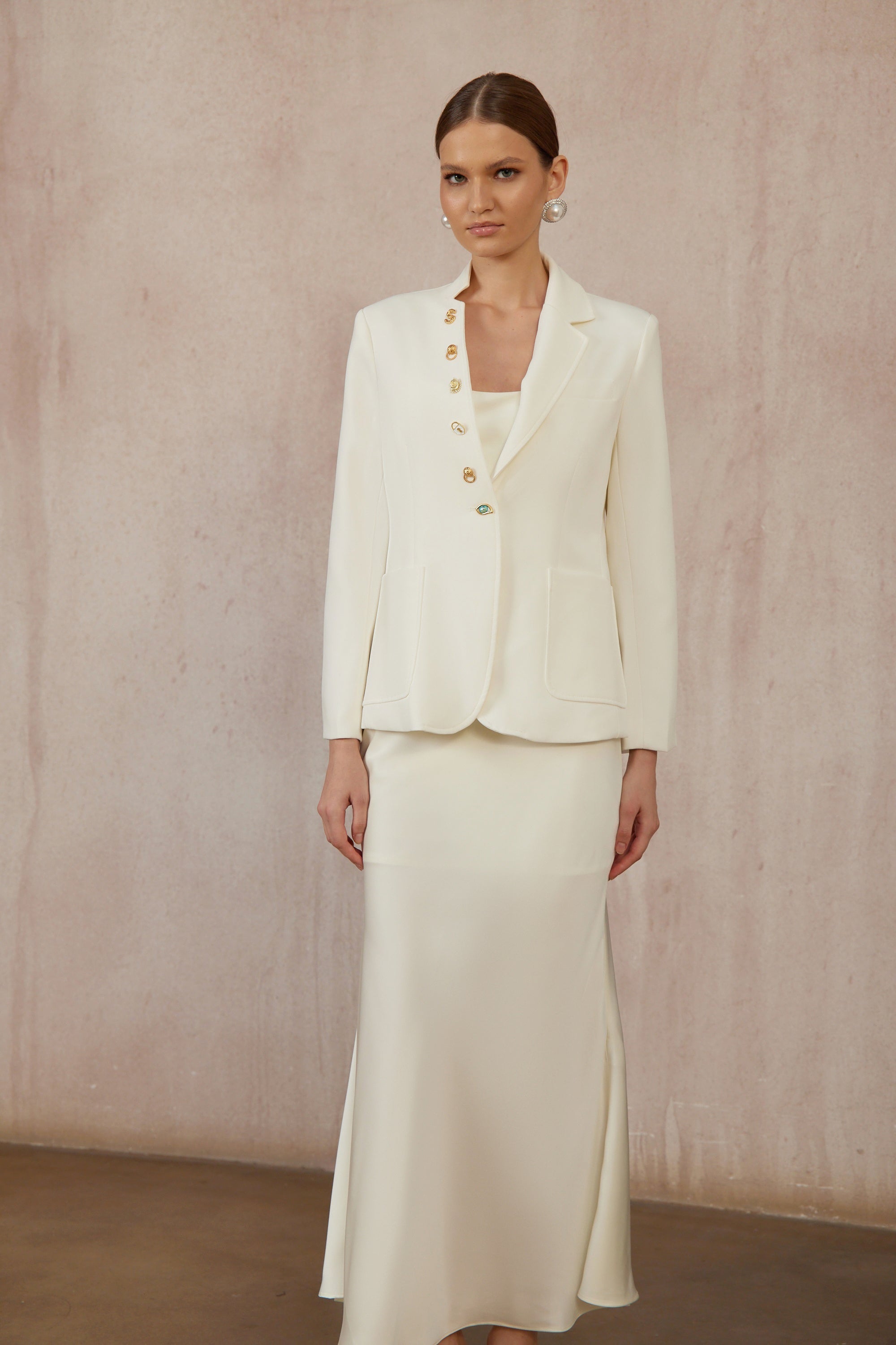Rosalie White Asymmetrical Decorative Button Blazer