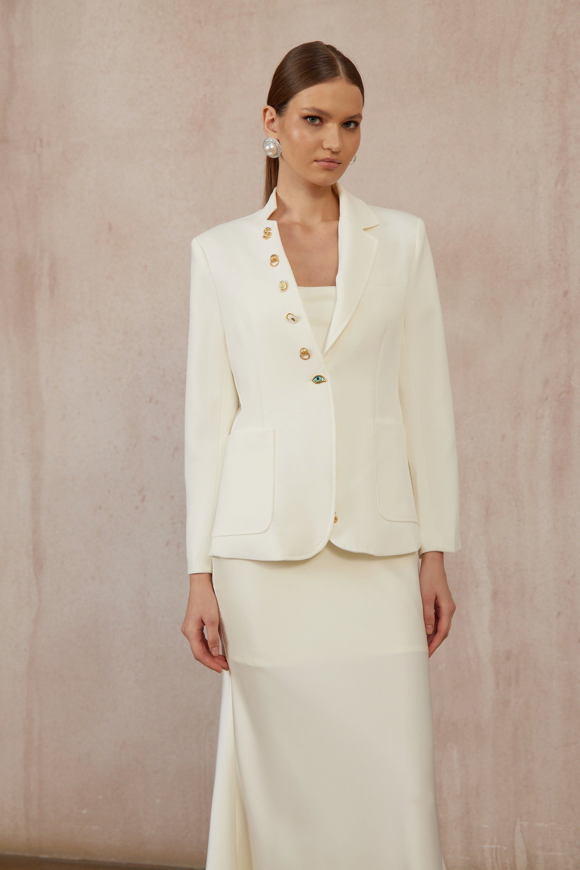 Rosalie White Asymmetrical Decorative Button Blazer