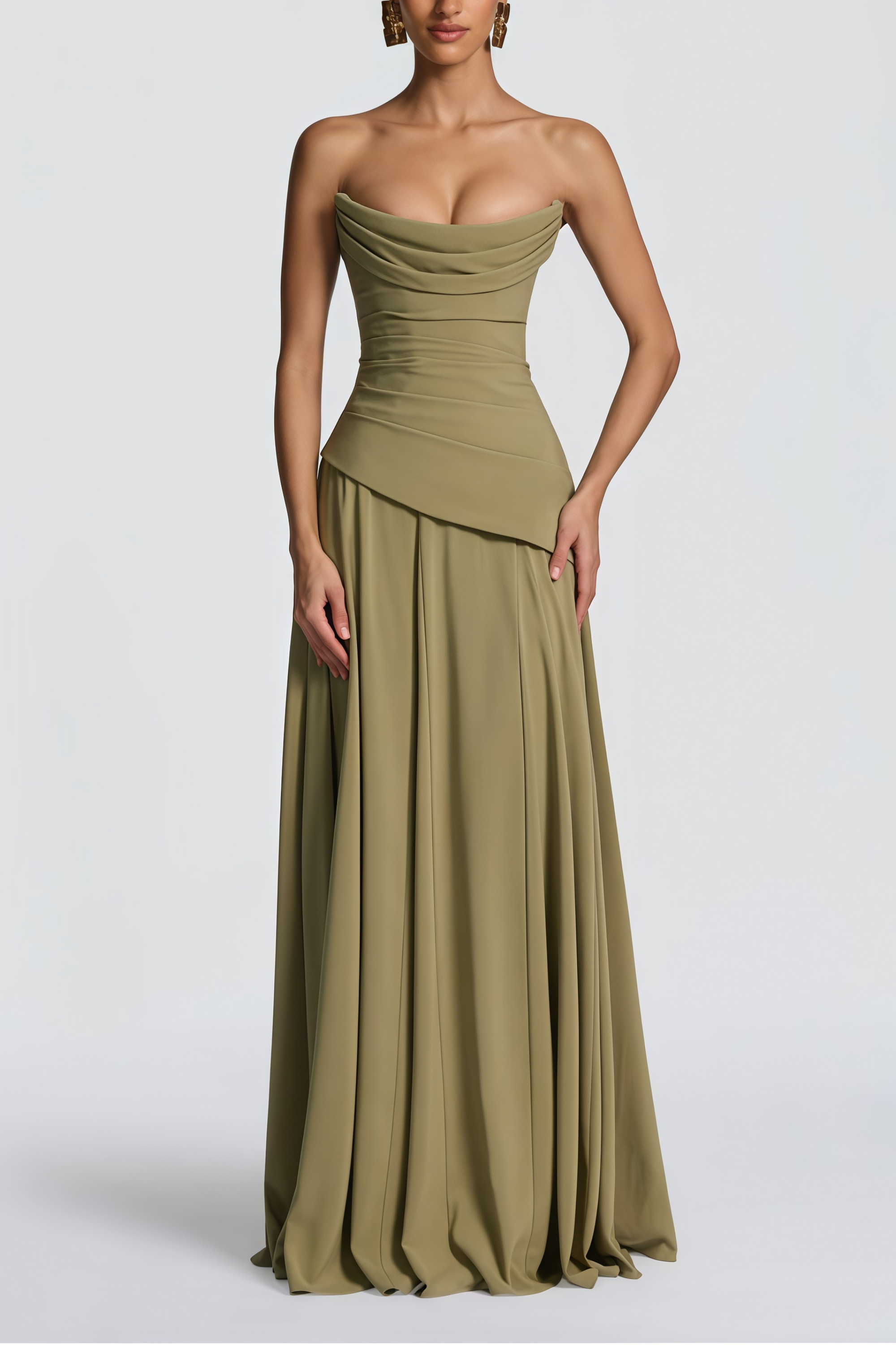 Romane Green Strapless Corset Chiffon Maxi Dress