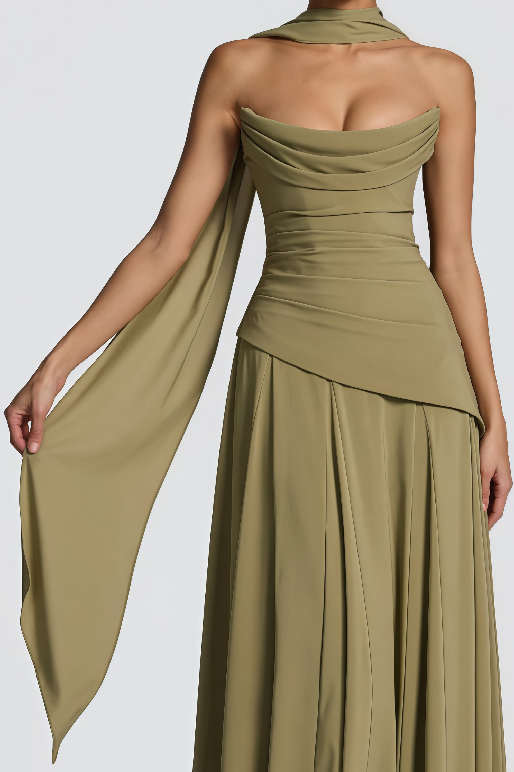Romane Green Strapless Corset Chiffon Maxi Dress