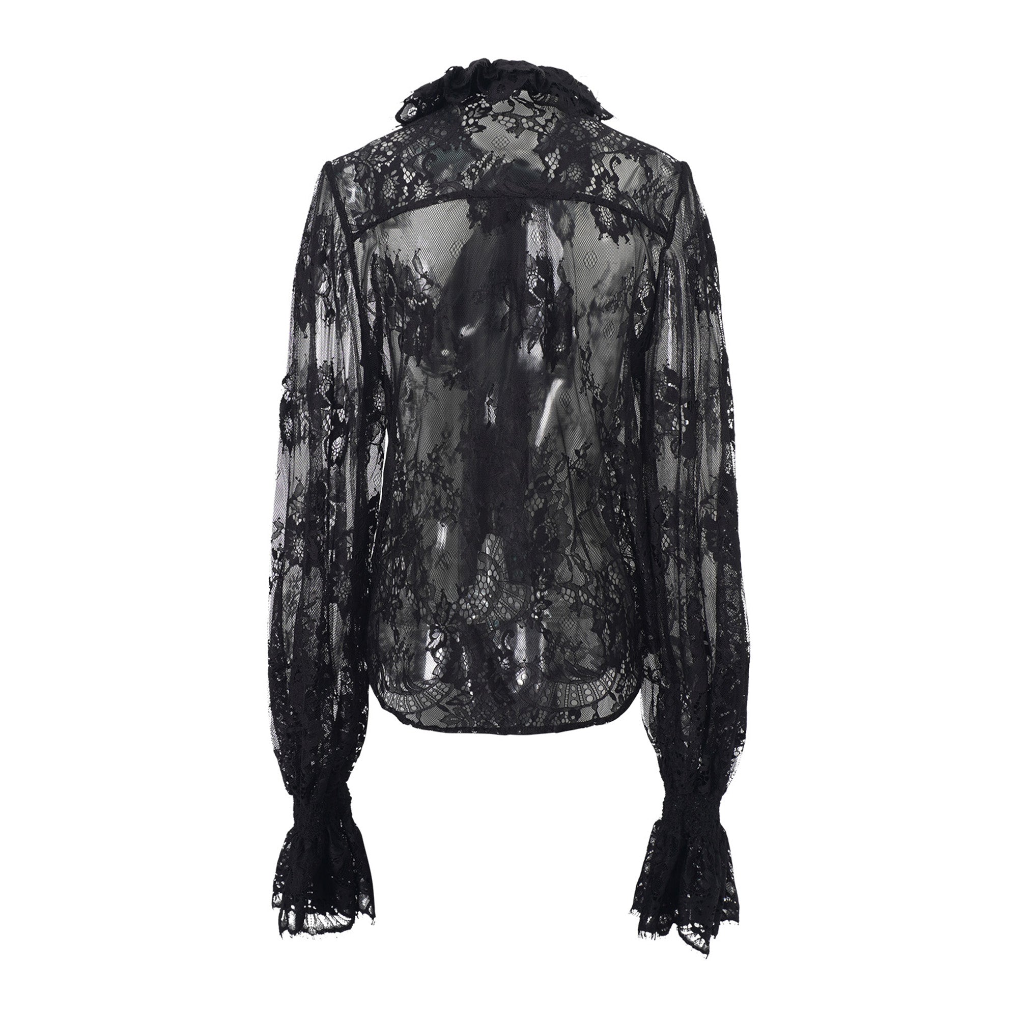 Quintine Black Ribbon Tie-Neck Floral Lace Blouse