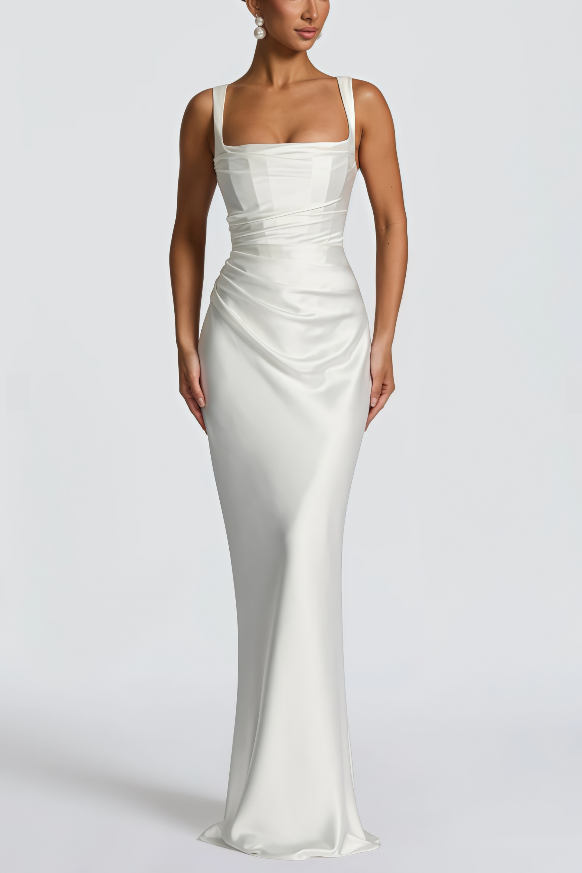 Inmaculada White Ruched Satin Maxi Dress