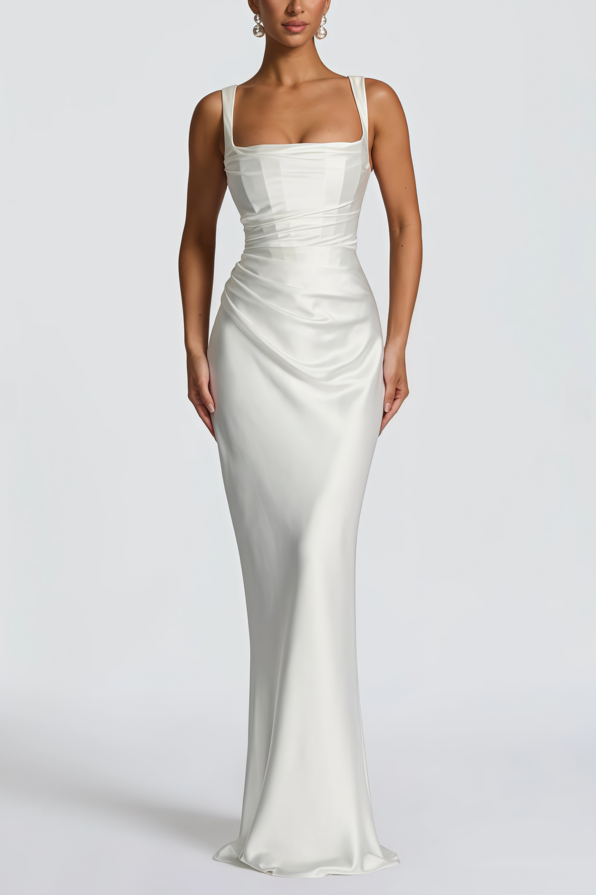 Inmaculada White Ruched Satin Maxi Dress