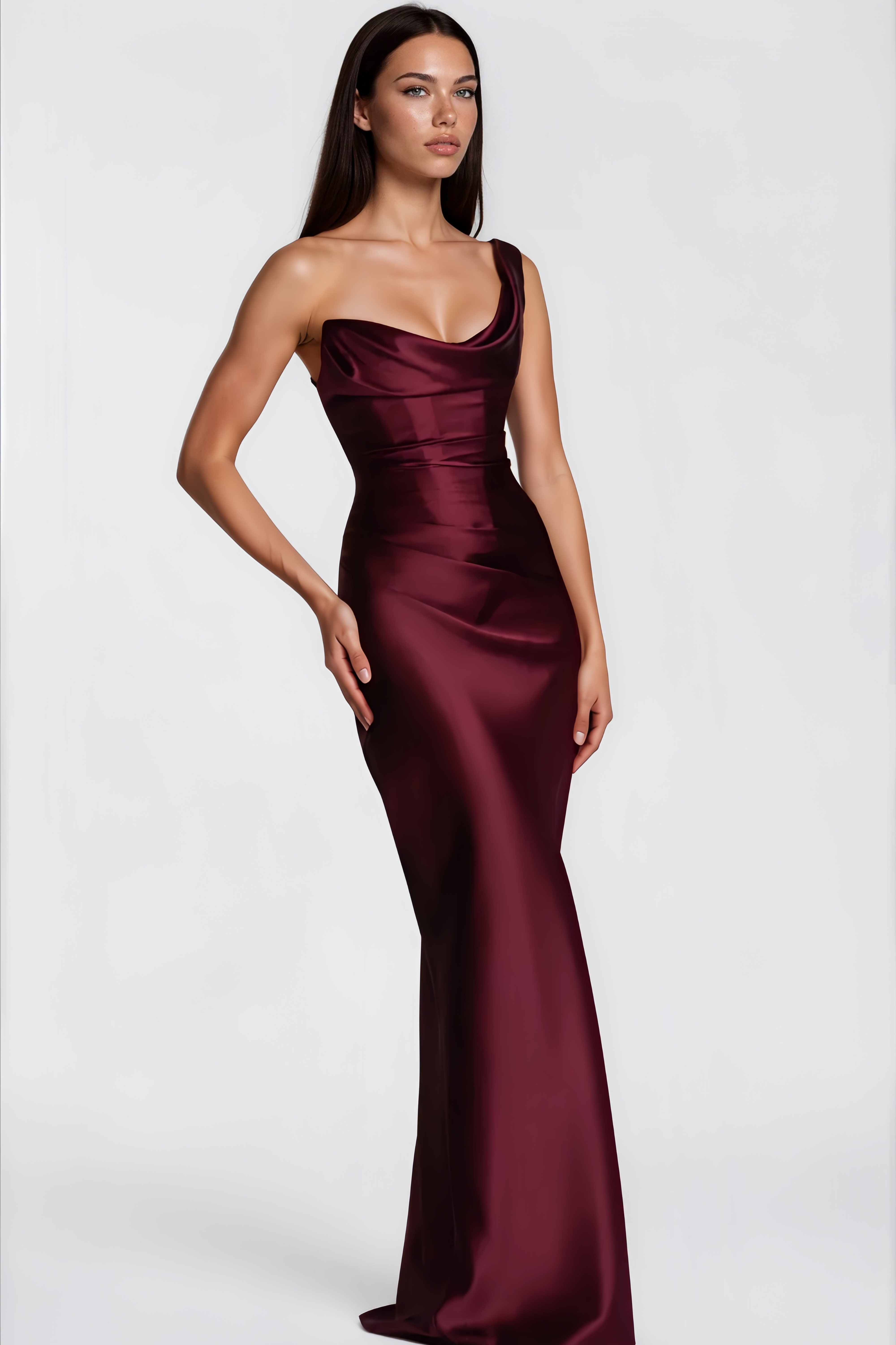 Hannah Burgundy One Shoulder Satin Maxi Dress (Final Sale-US Only)