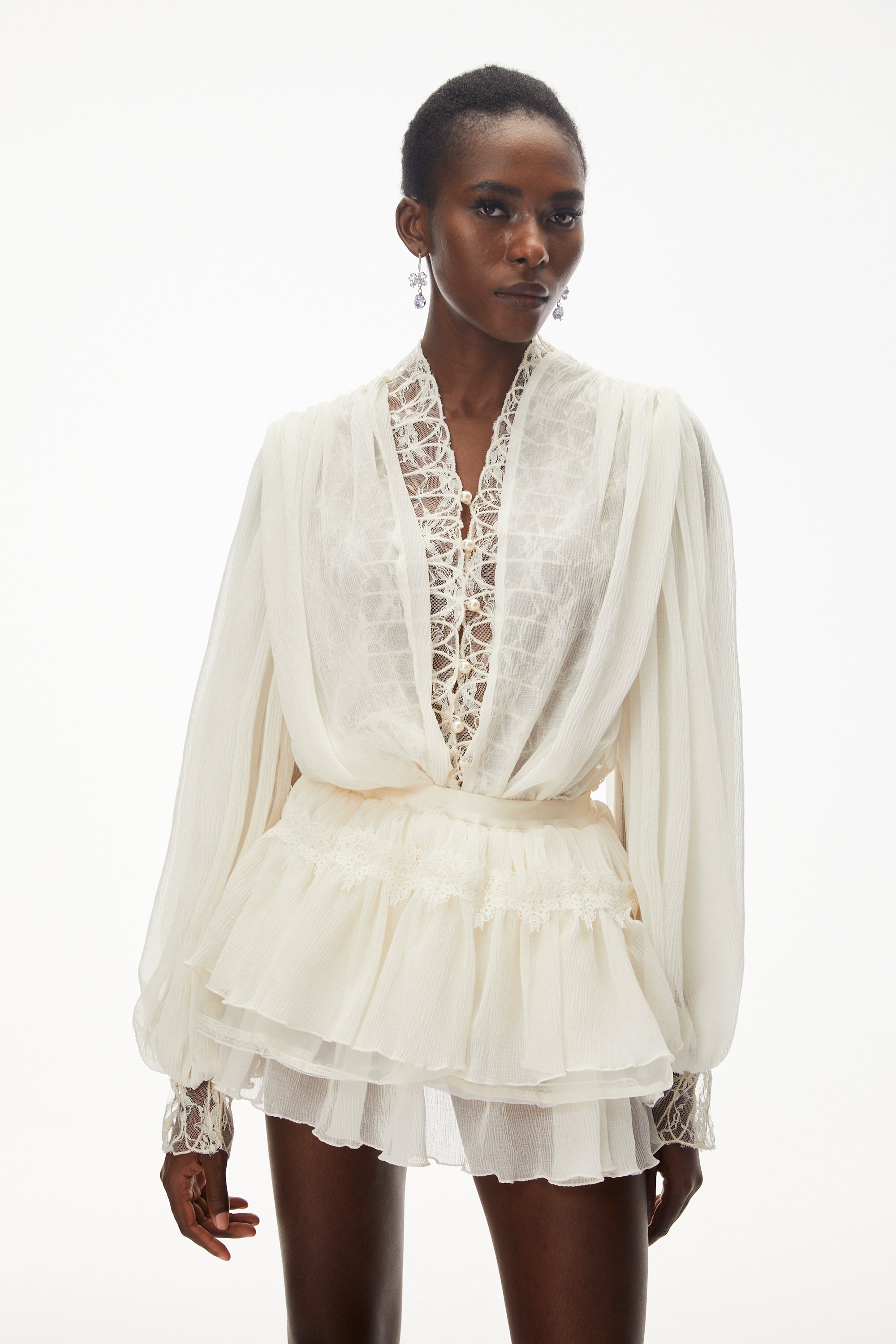 Sophie White Lace Trim Blouse & Tiered Skirt Set
