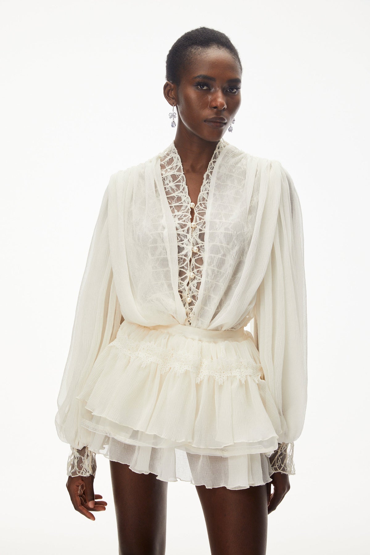 Sophie White Lace Trim Blouse & Tiered Skirt Set