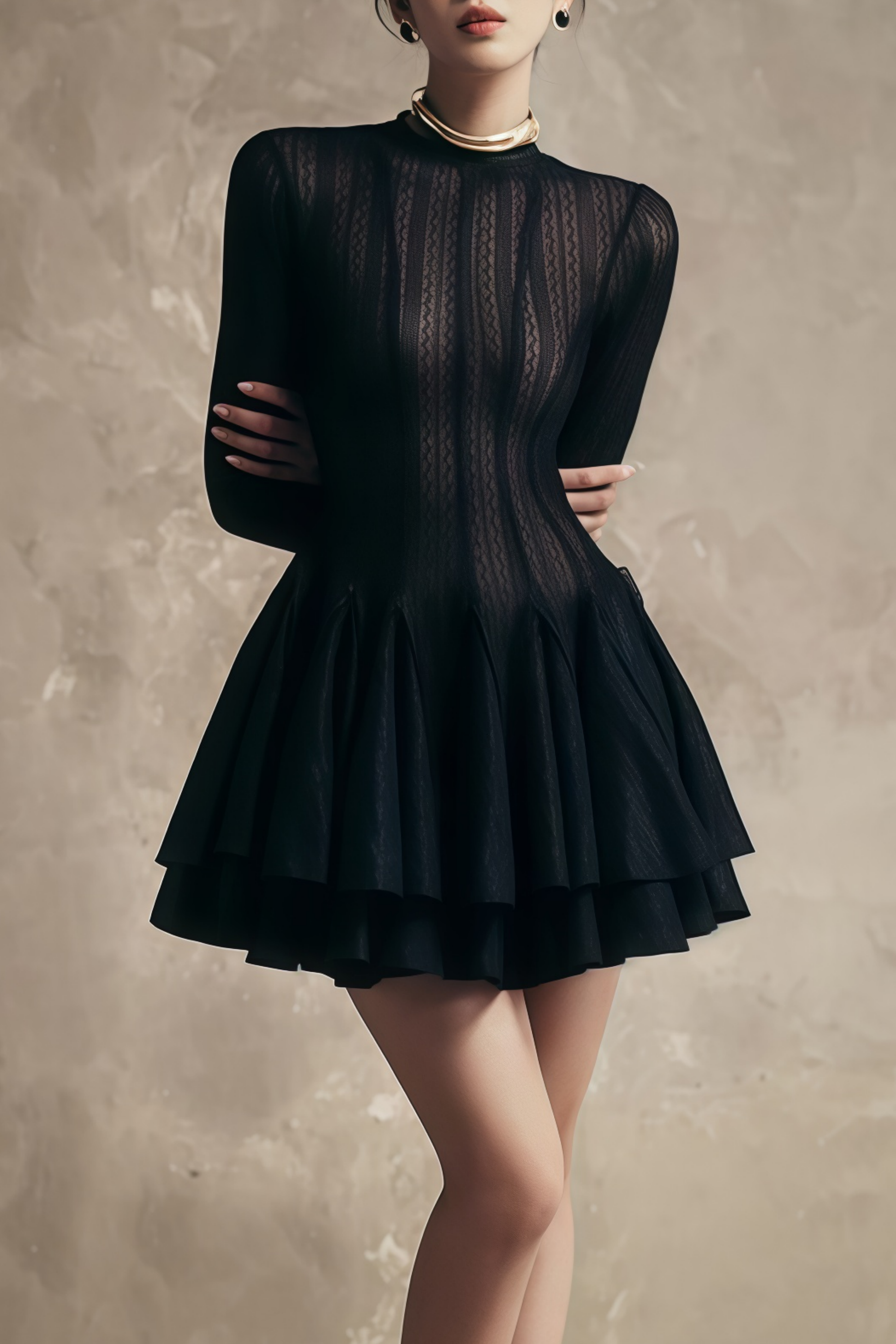 Hallie Black Layered Design Puff Mini Dress