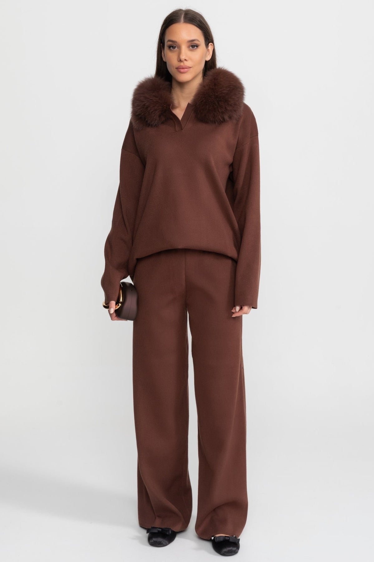 Elodie Brown Knit Lounge Co-Ord Set with Fox Fur Collar