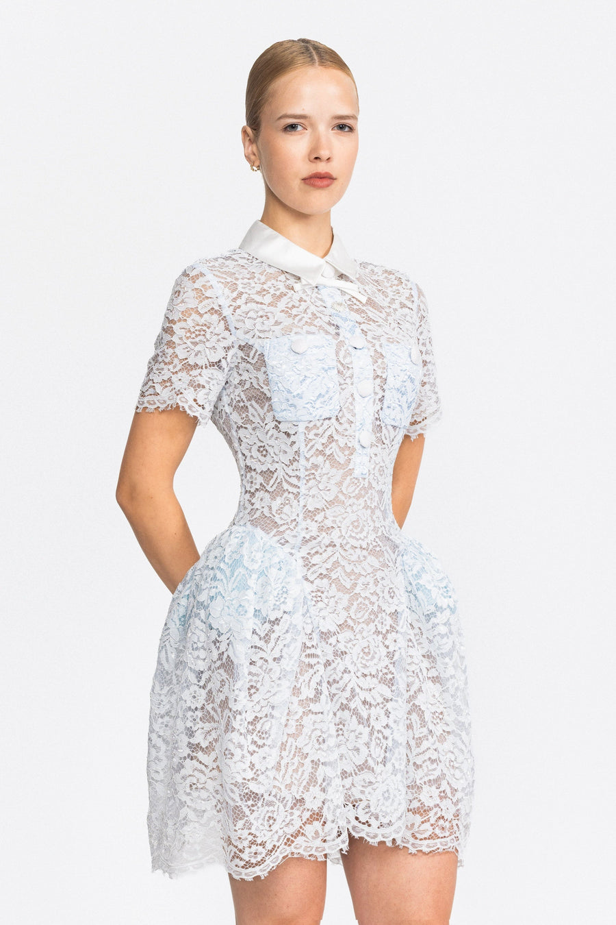 Clarisse Satin Collar Lace Bubble Mini Dress - Light Blue