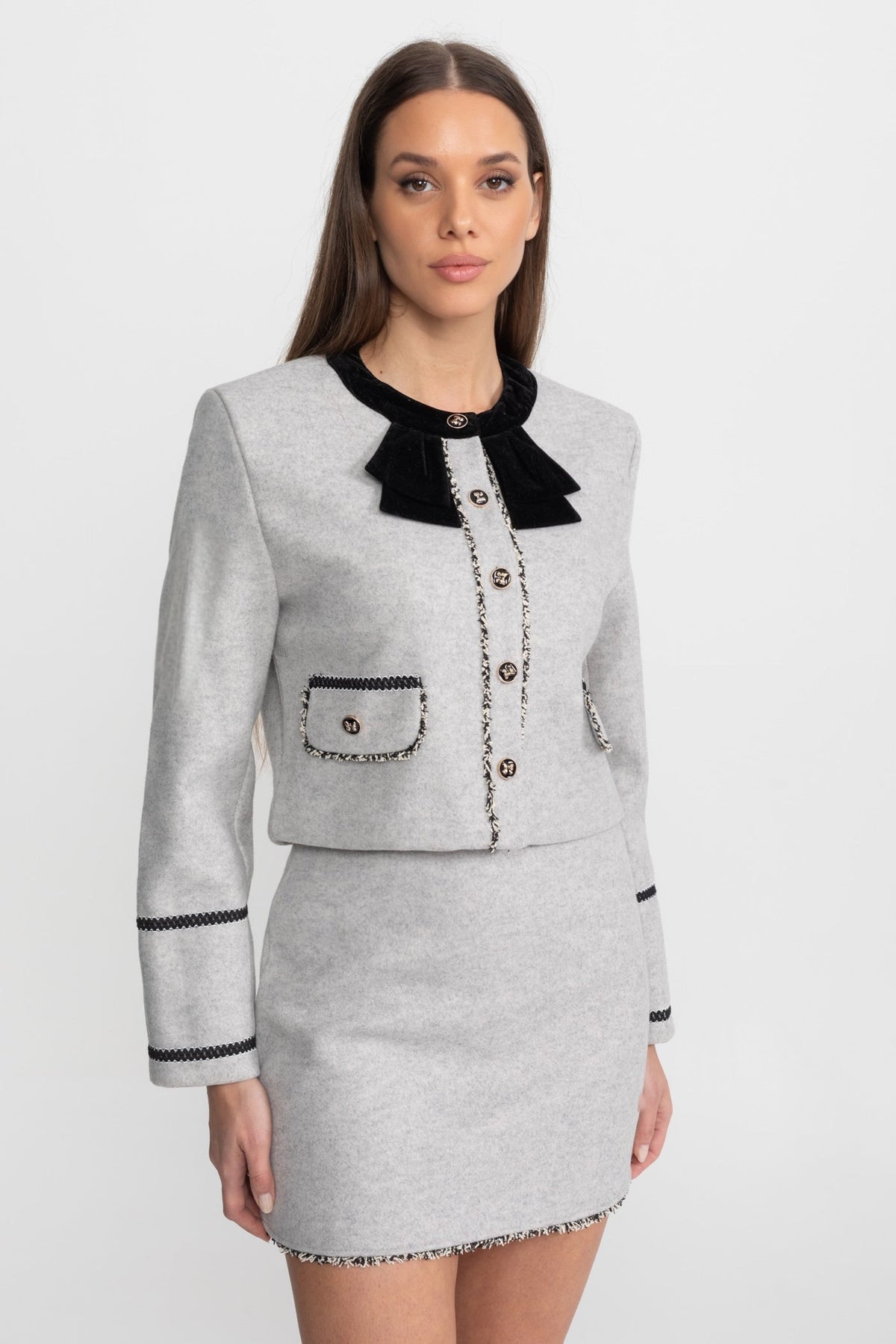 Co-Ord Set with Velvet Bow Collar Detail – Grey