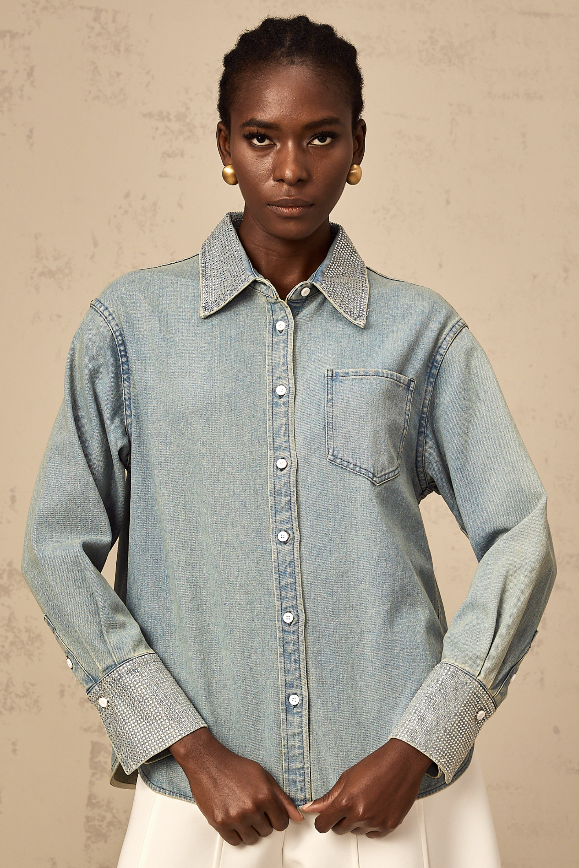Flavie blue rhinestone-embellished denim shirt
