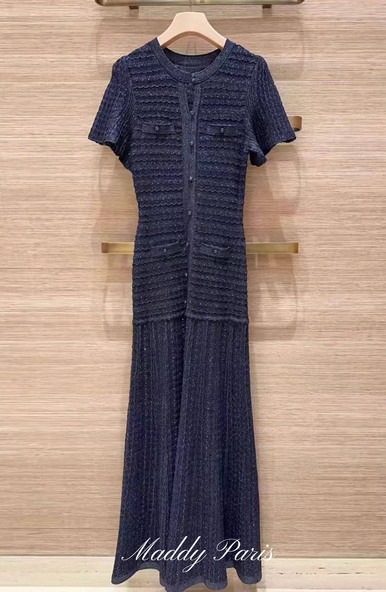 SANDRO STRASS RHINESTONE KNIT MAXI DRESS - DARK BLUE