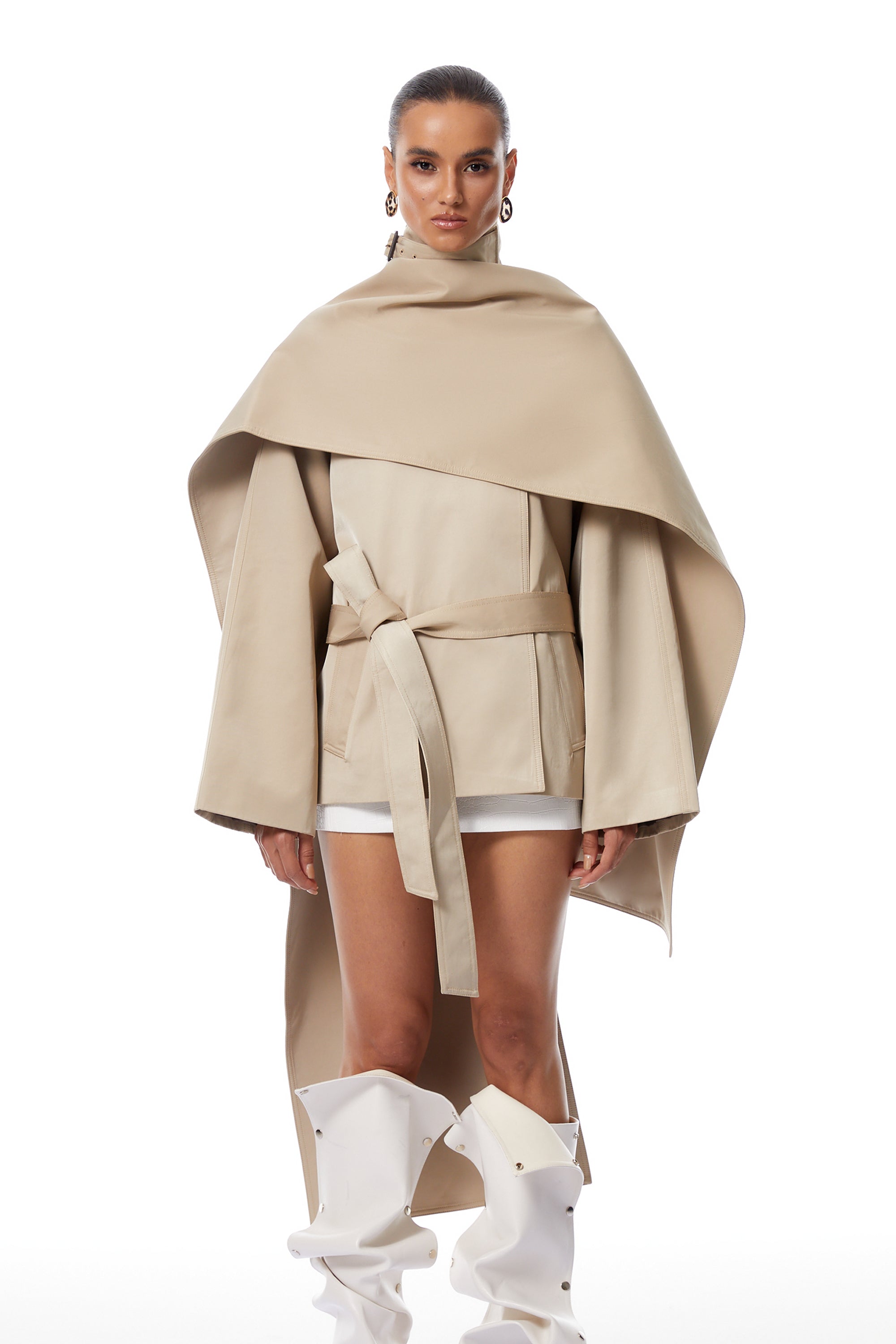 Orsolya Khaki Asymmetrical Shawl Design Trench Coat