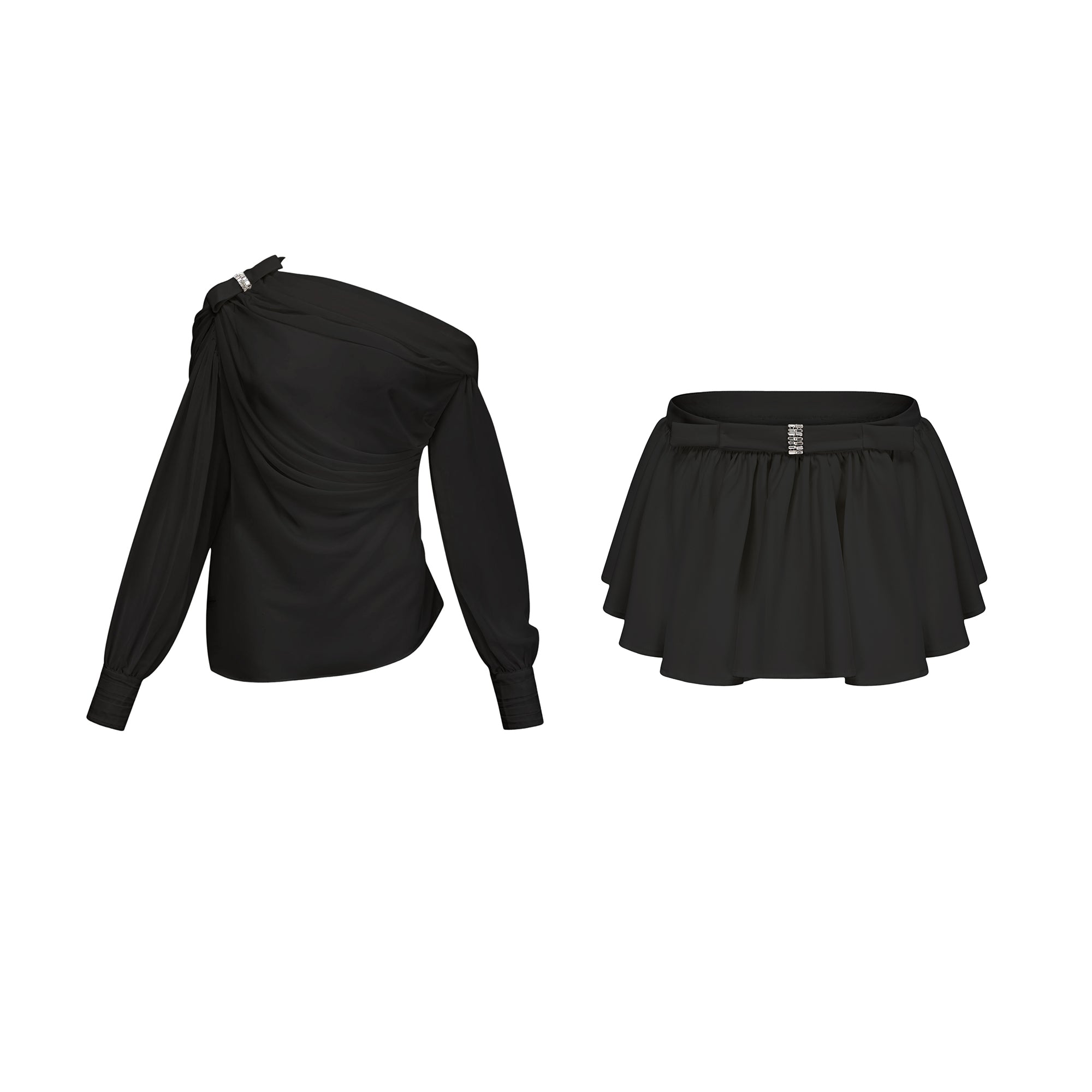 Andrea asymmetrical tulle blouse & skirt matching set in Black (Final Sale-US Only)