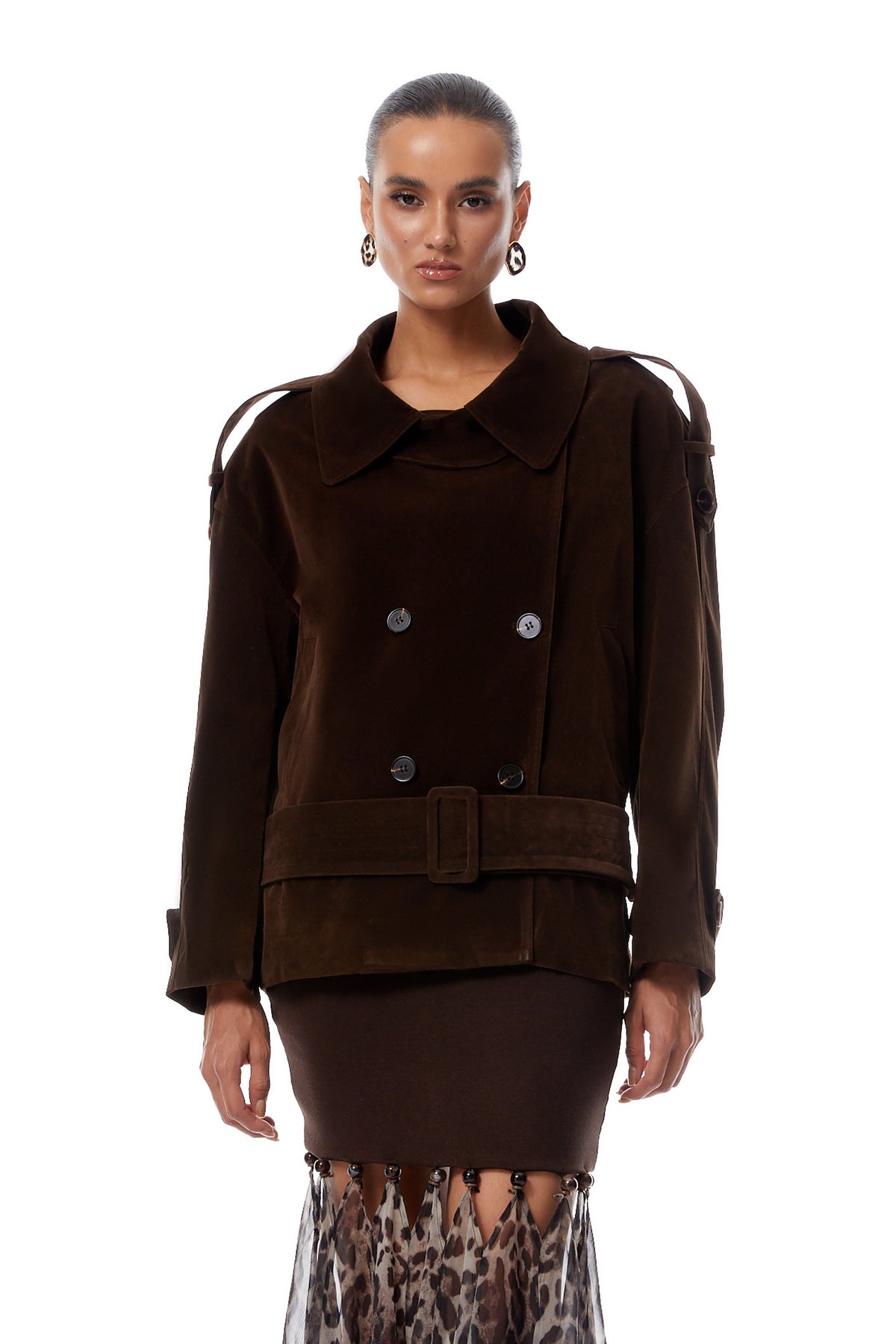 Francesca Brown Double-Breasted Suede Trench Coat